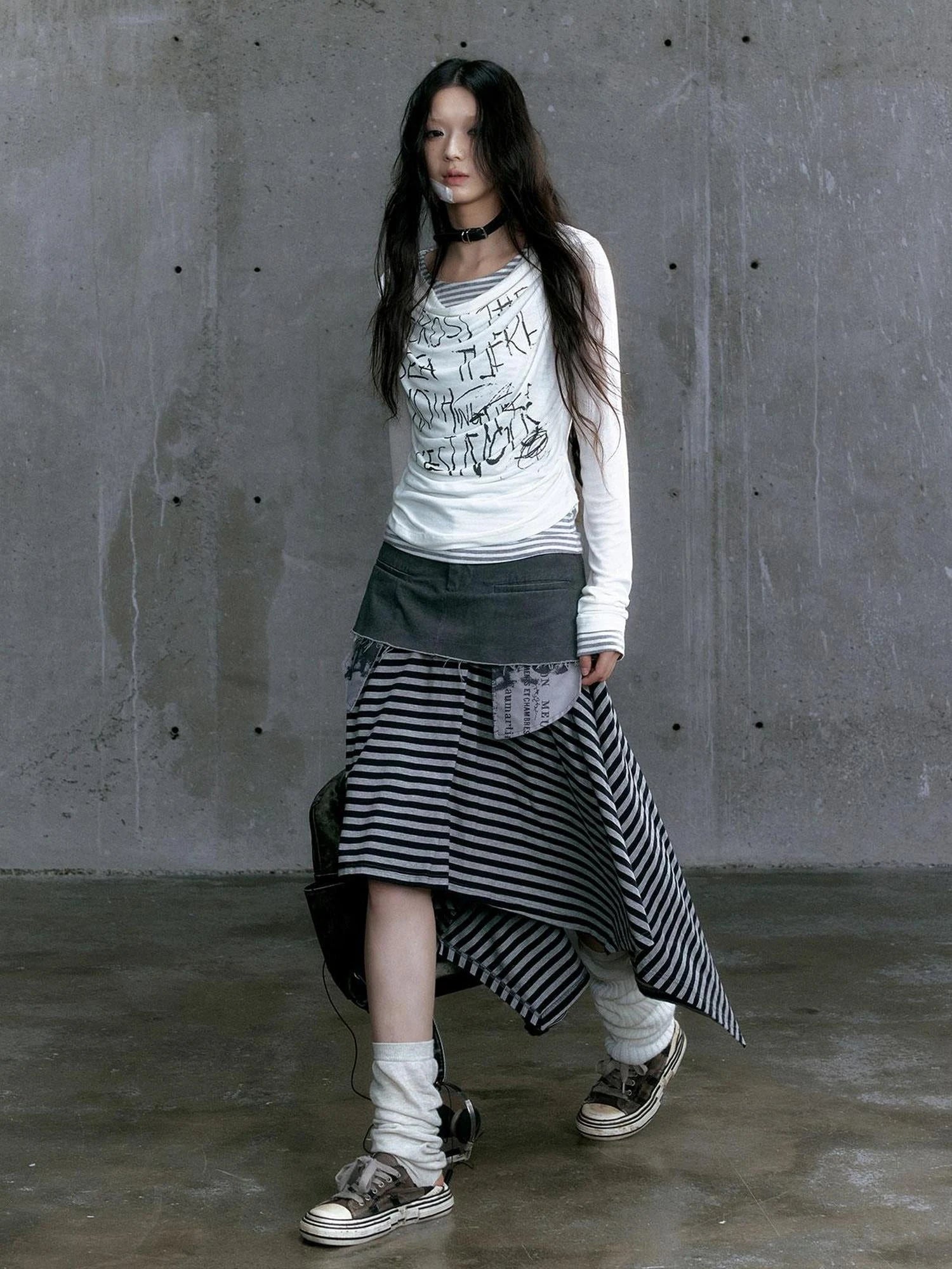Graffiti Poetry Layered Collar Striped Knit Top