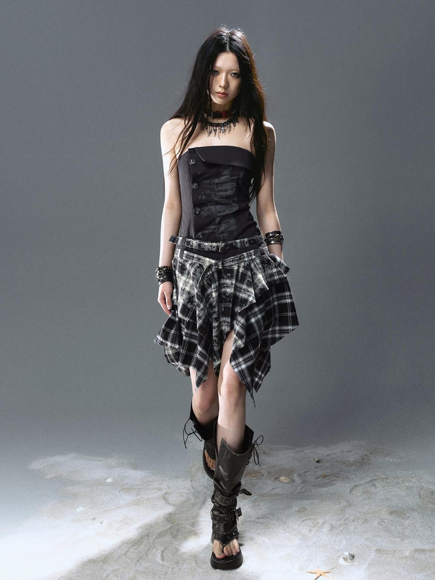 Cest Nous Graffiti Print Ruched Irregular Plaid Women&