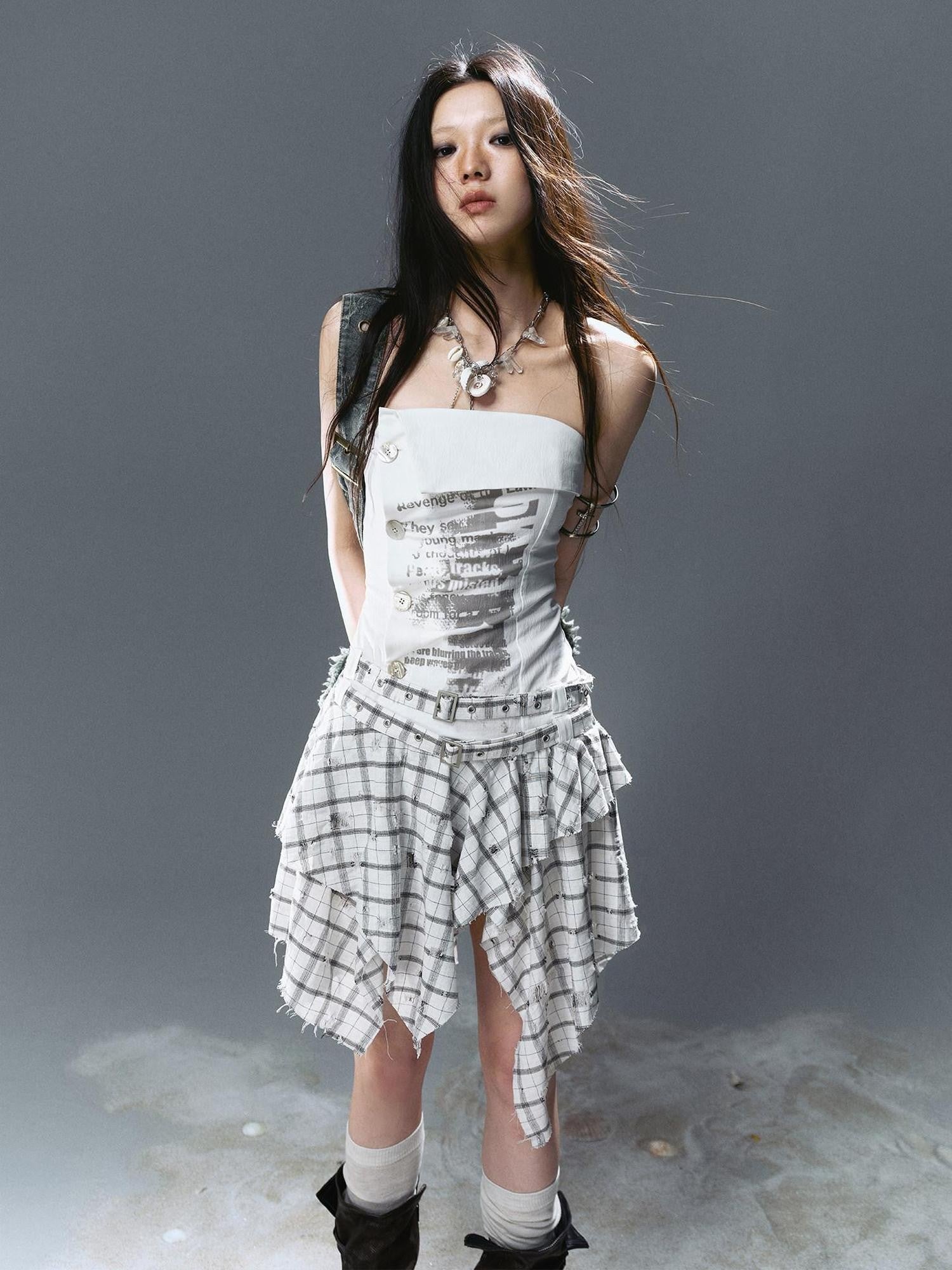 Cest Nous Graffiti Print Ruched Irregular Plaid Women&