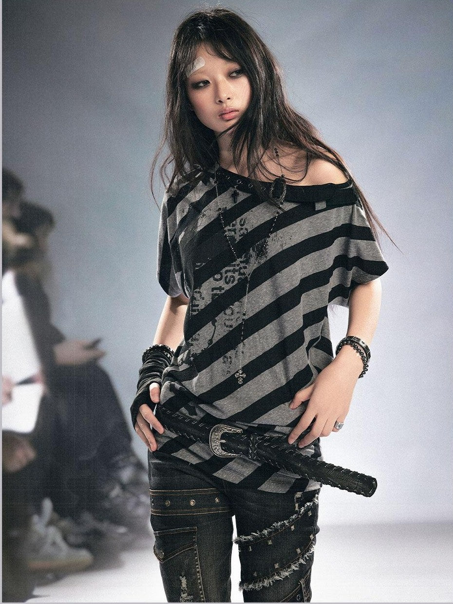 Cest Nous Graffiti Striped Printed Batwing Women&