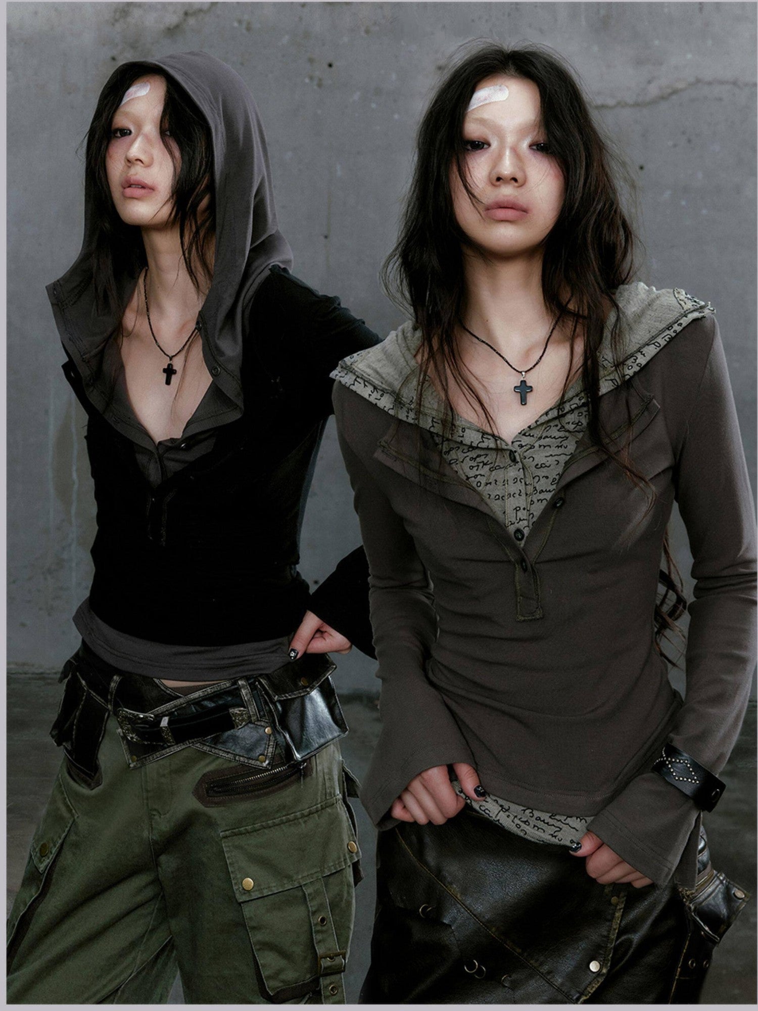 Cest Nous Gray Green Patchwork Layered Faux Two Piece Punk Women&