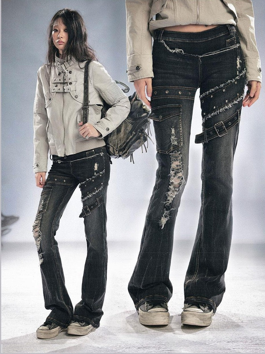 Cest Nous Grunge Distressed Patchwork Studded Women&