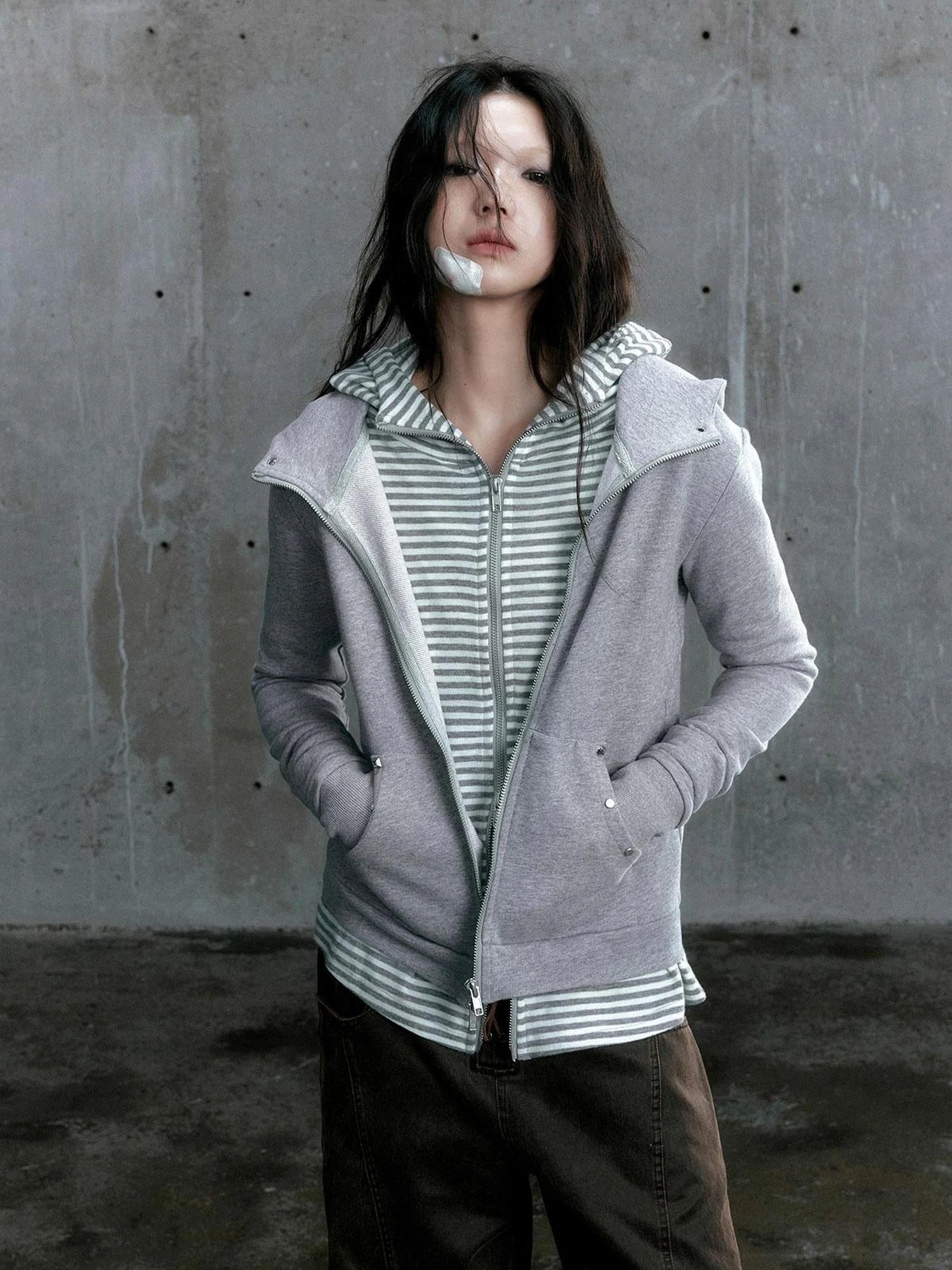 Medieval Studded Zip Up Striped Knit Sweater Jacket