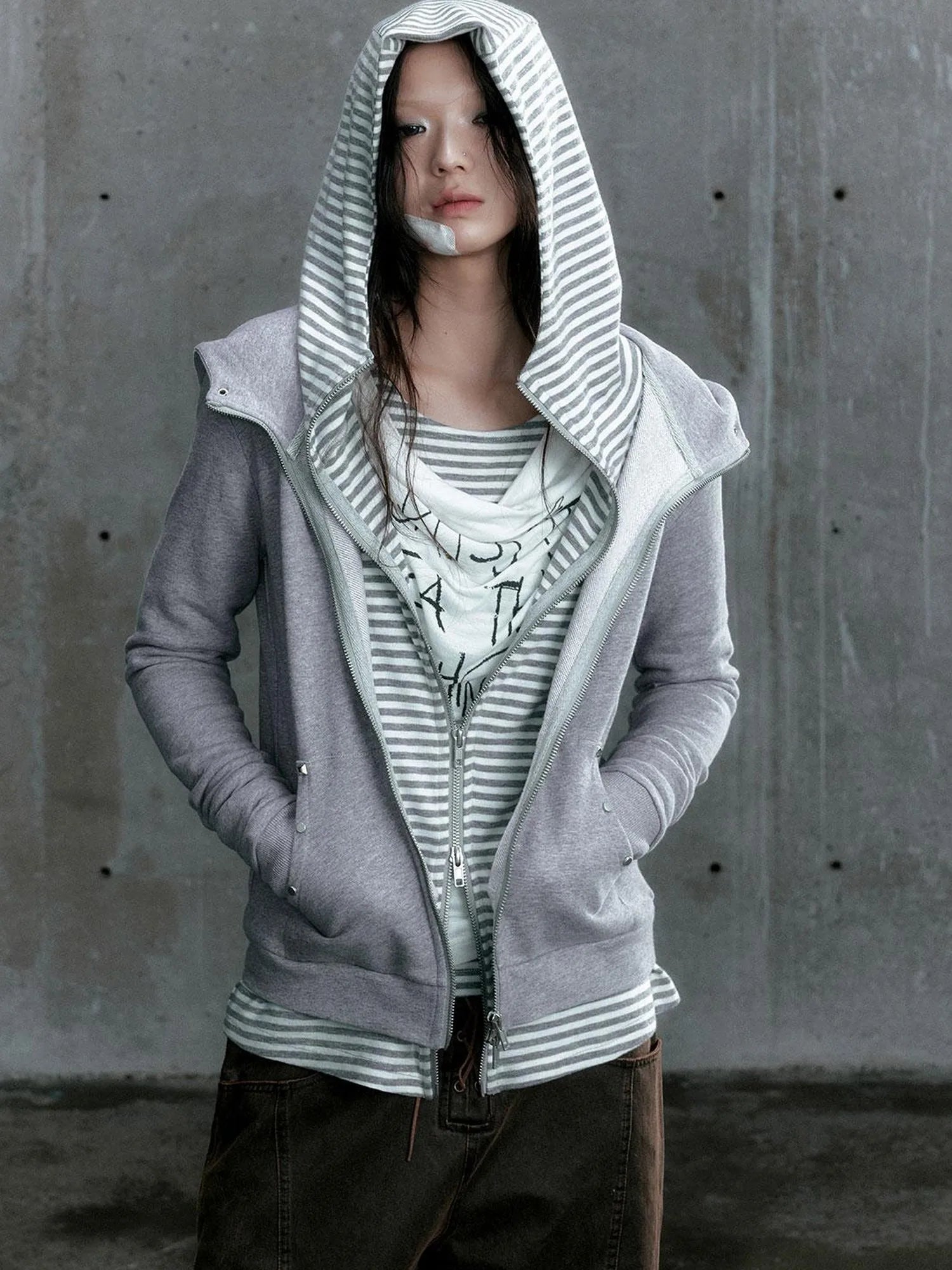 Medieval Studded Zip Up Striped Knit Sweater Jacket