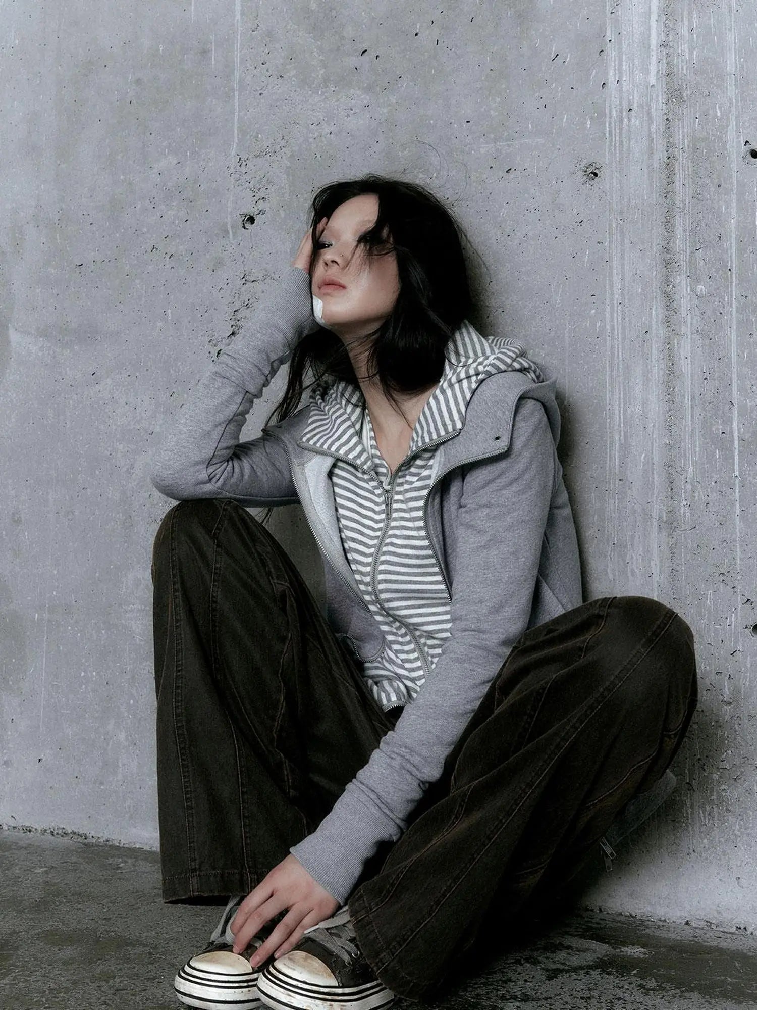 Medieval Studded Zip Up Striped Knit Sweater Jacket