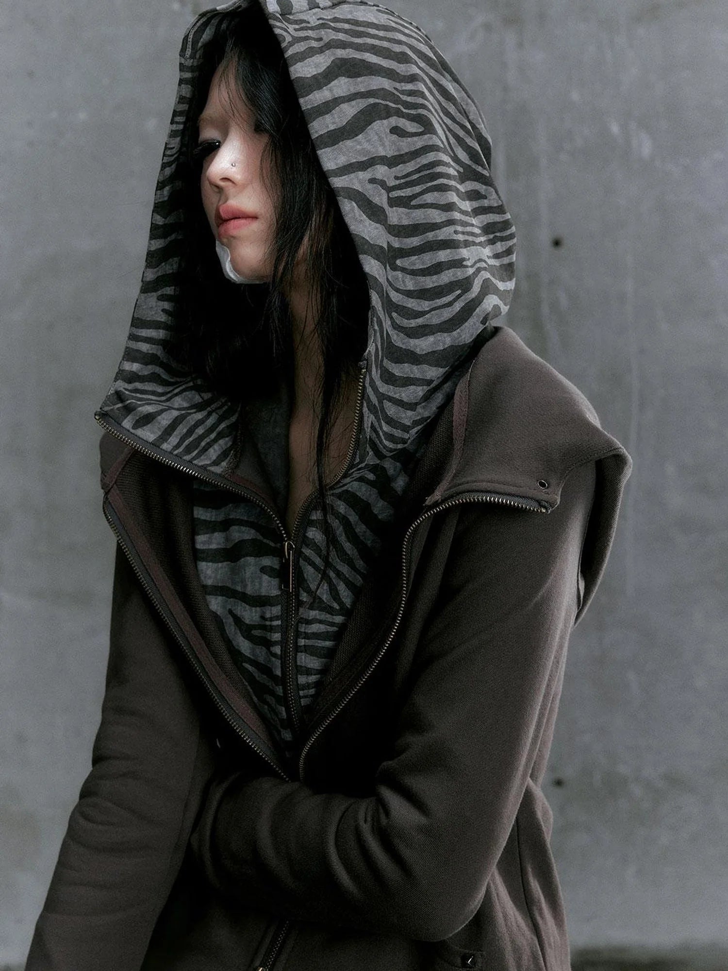 Medieval Studded Zip Up Striped Knit Sweater Jacket