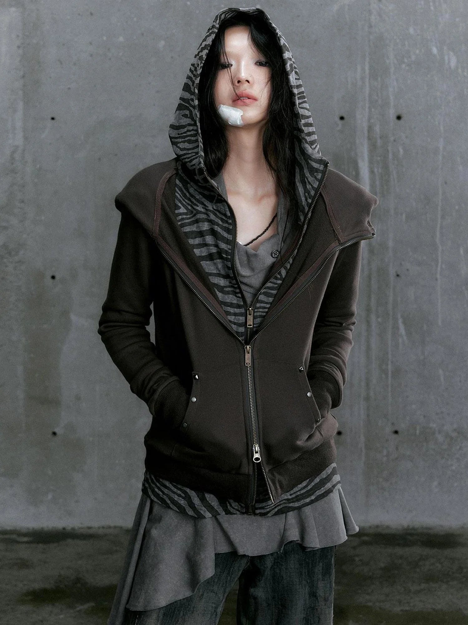 Medieval Studded Zip Up Striped Knit Sweater Jacket