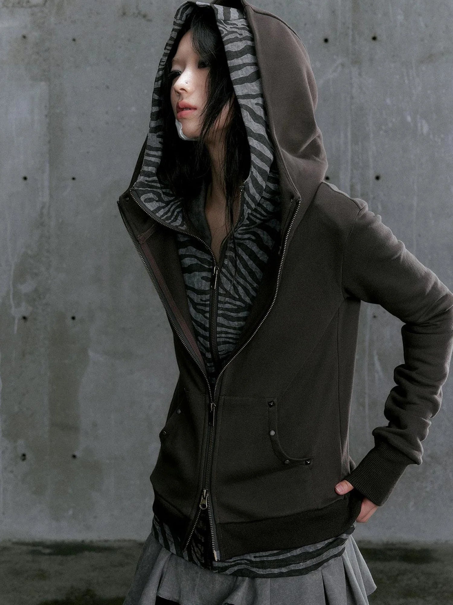 Medieval Studded Zip Up Striped Knit Sweater Jacket