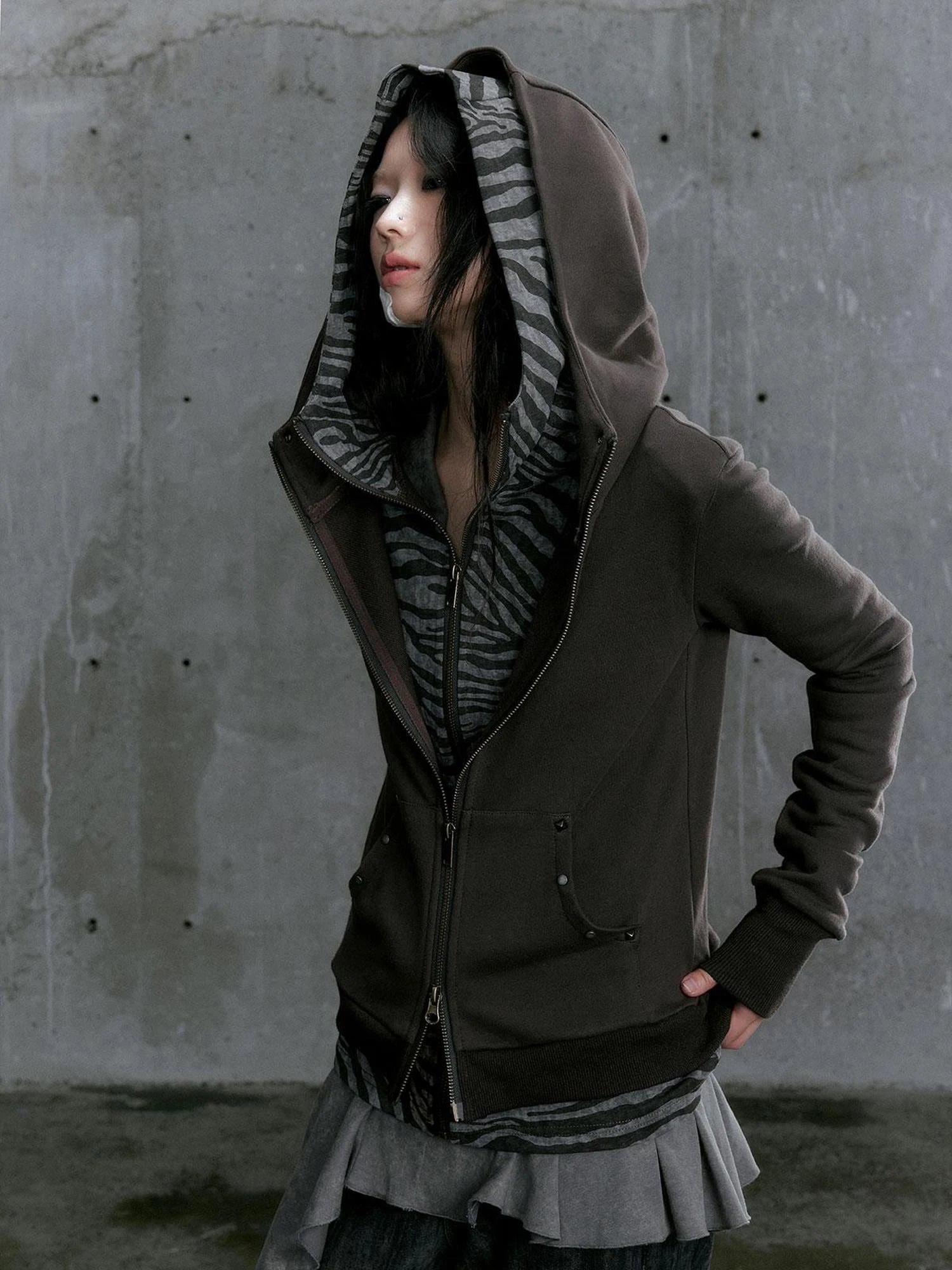 Medieval Studded Zip Up Striped Knit Sweater Jacket