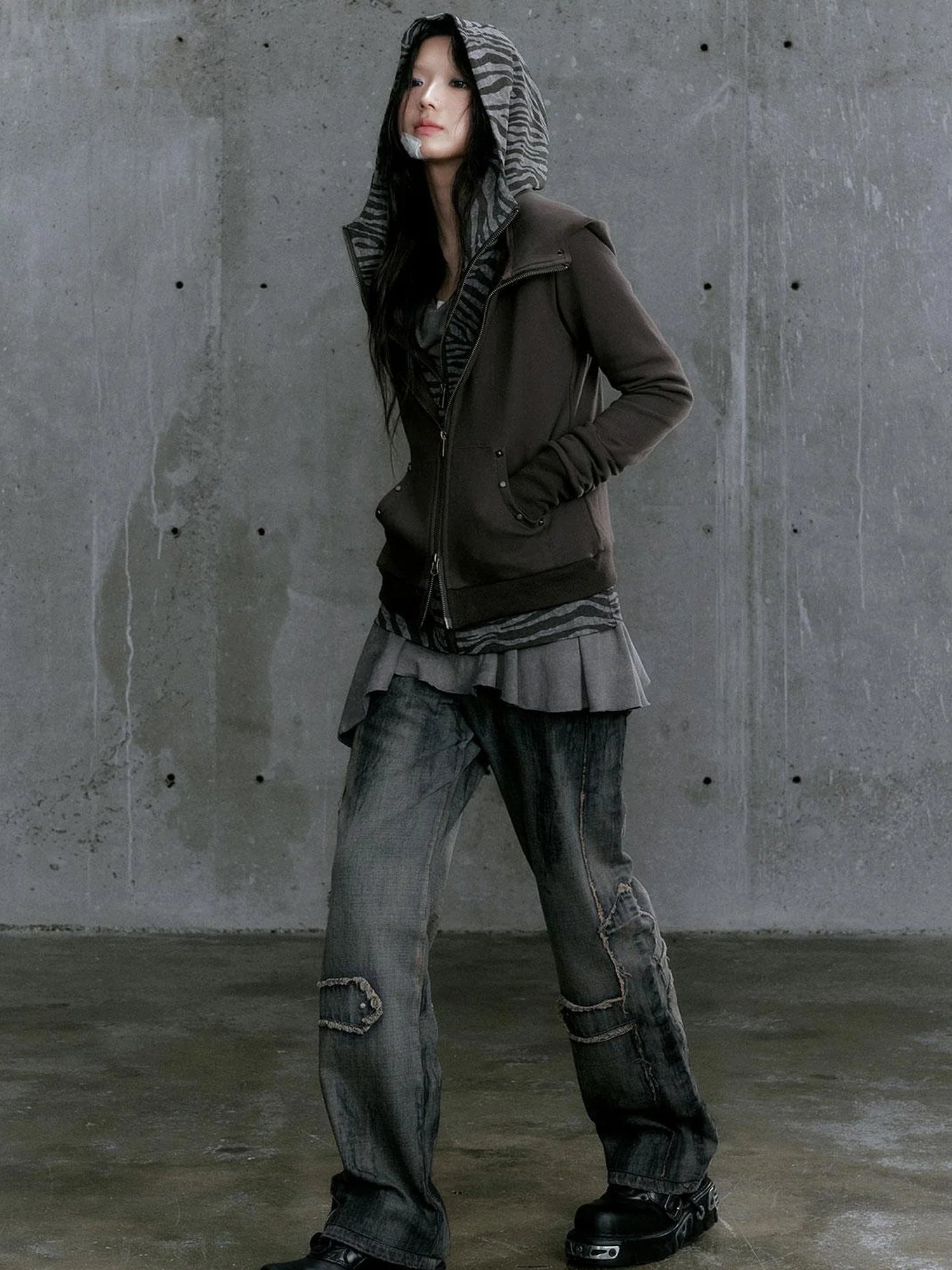 Medieval Studded Zip Up Striped Knit Sweater Jacket