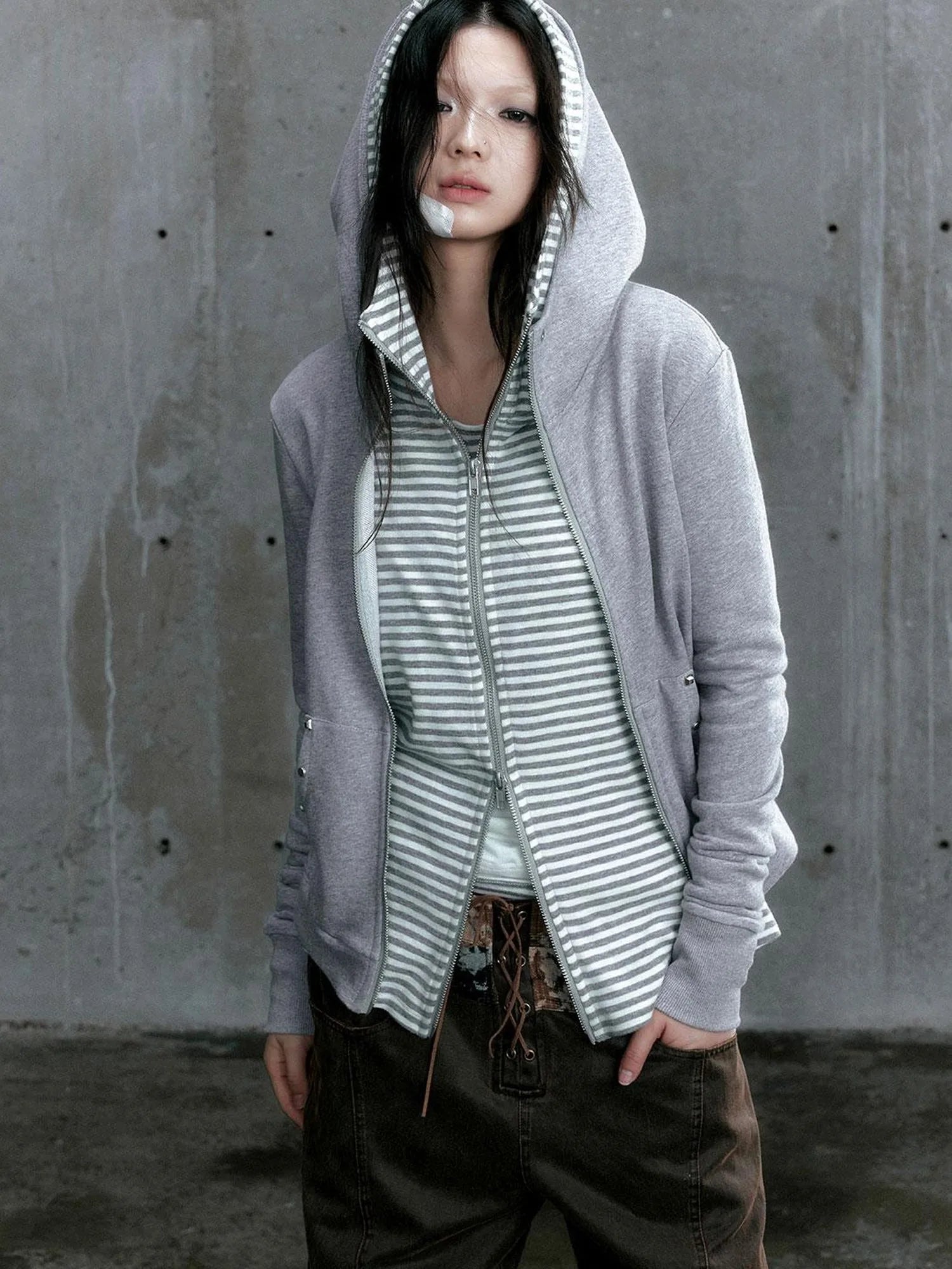 Medieval Studded Zip Up Striped Knit Sweater Jacket