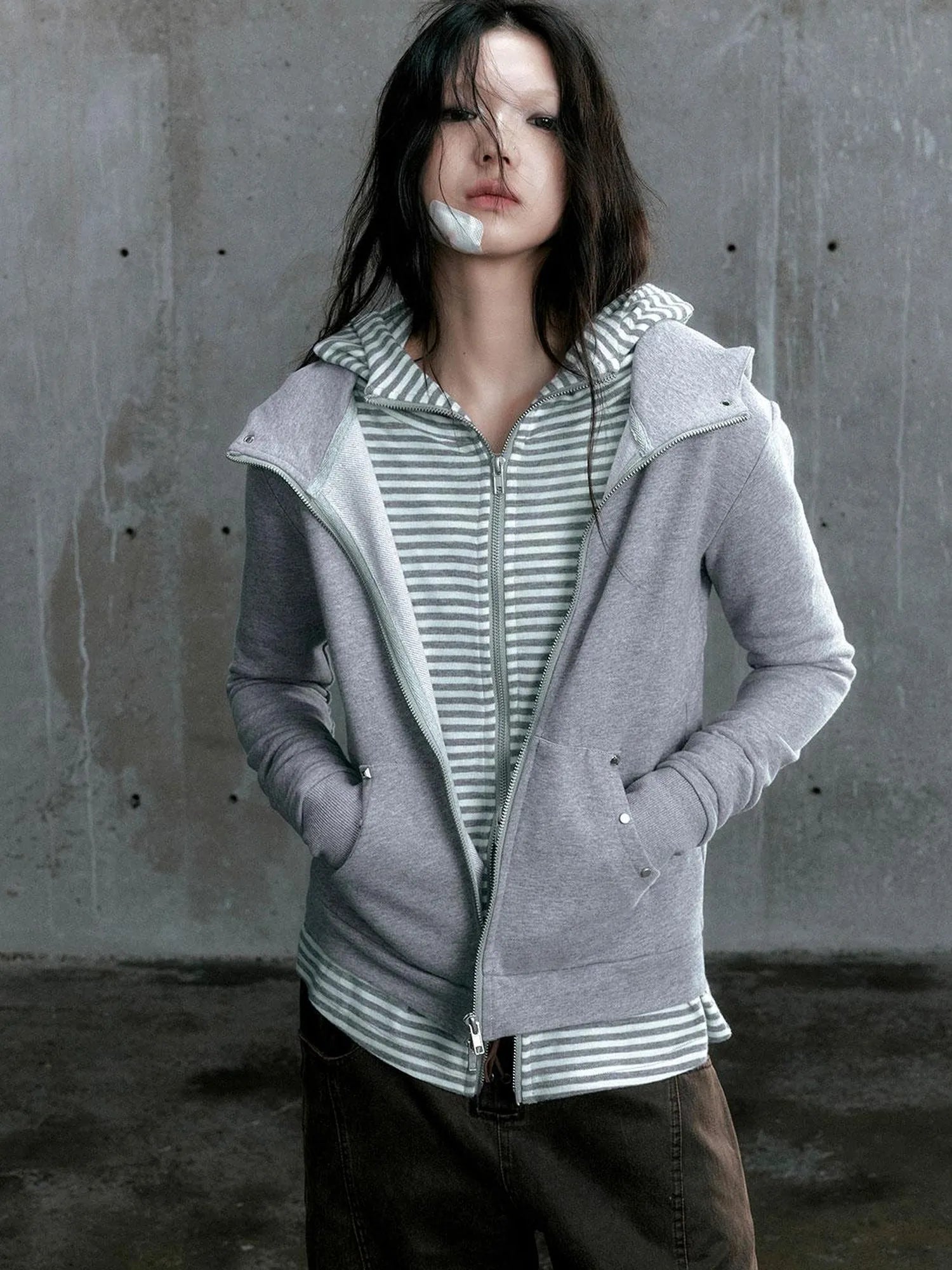 Medieval Studded Zip Up Striped Knit Sweater Jacket