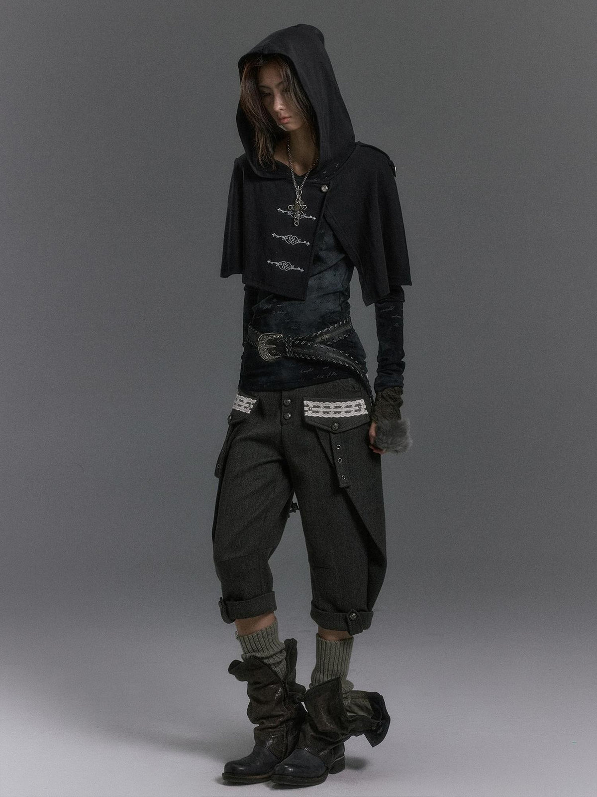 Cest Nous Metallic Print Hooded Cape Layered Women&