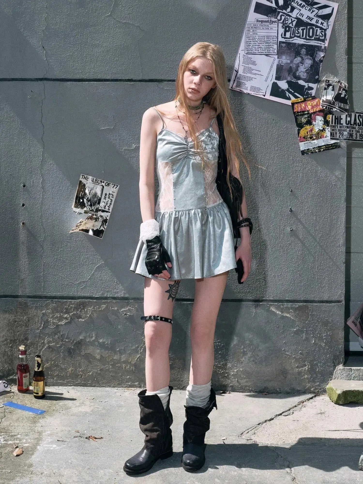 Mint Blue Satin Graffiti Lace Trim Slip Dress