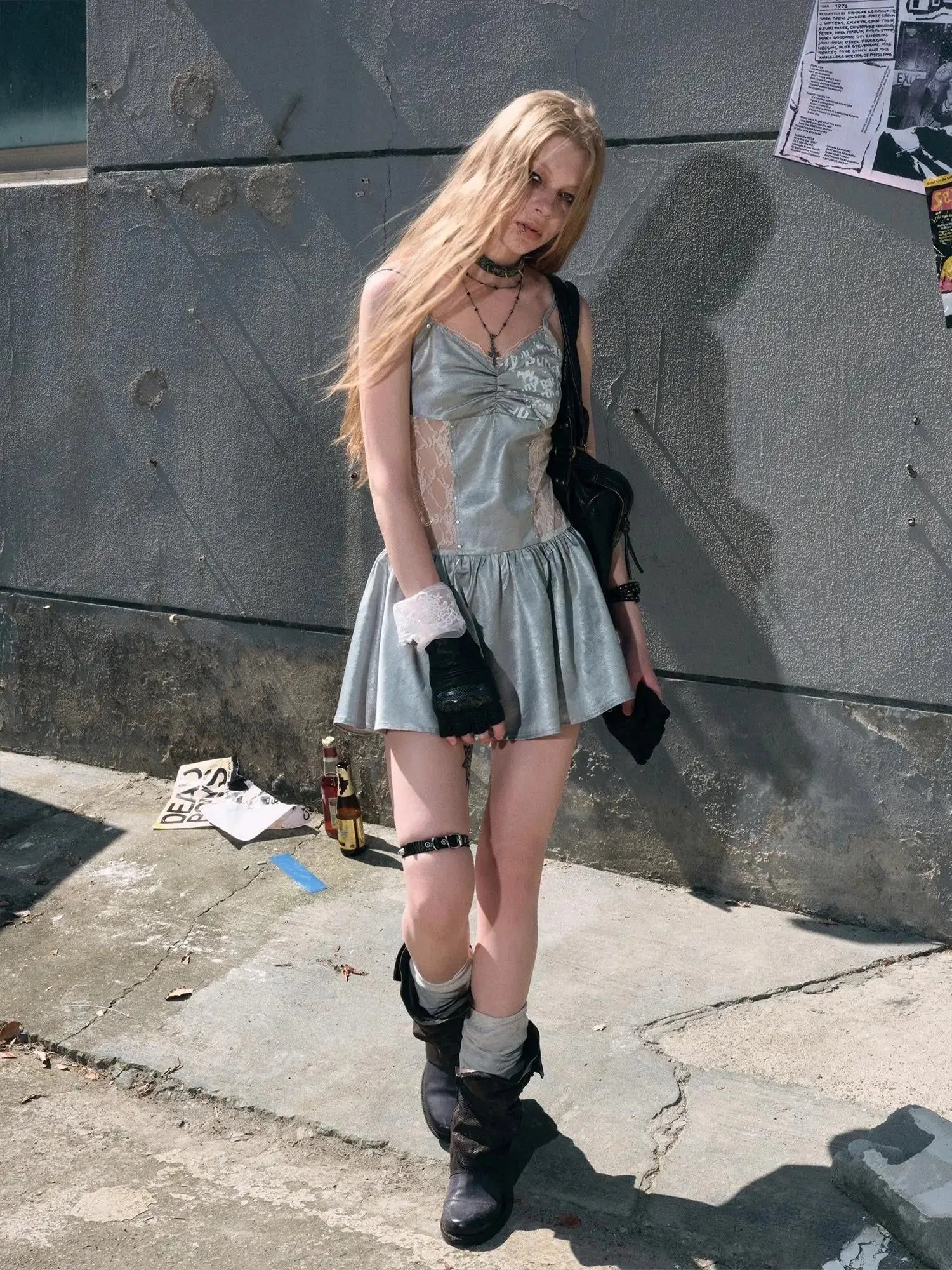 Mint Blue Satin Graffiti Lace Trim Slip Dress