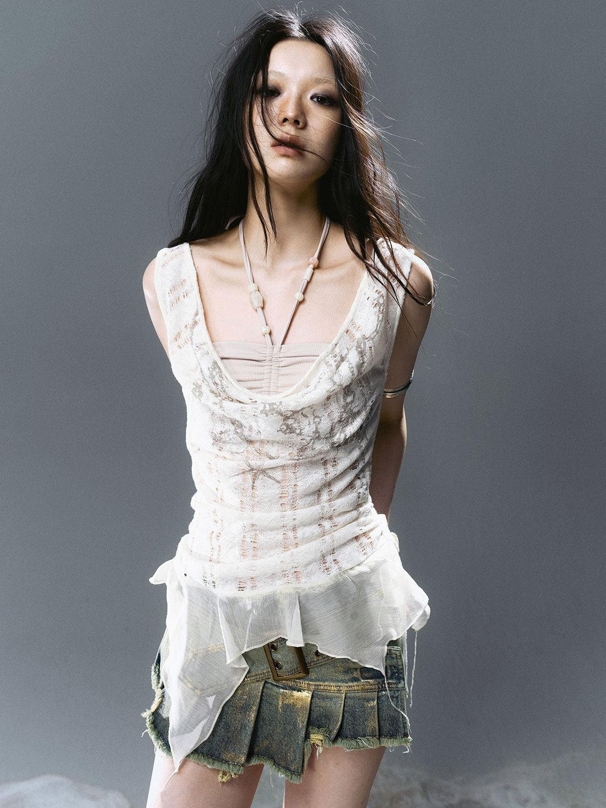Cest Nous Mist Blue Printed Beaded Asymmetric Cowl Women&