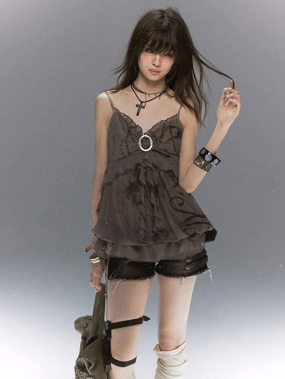 Cest Nous Mottled Bubble Chain Graffiti Print Drawstring Ruffle Women&
