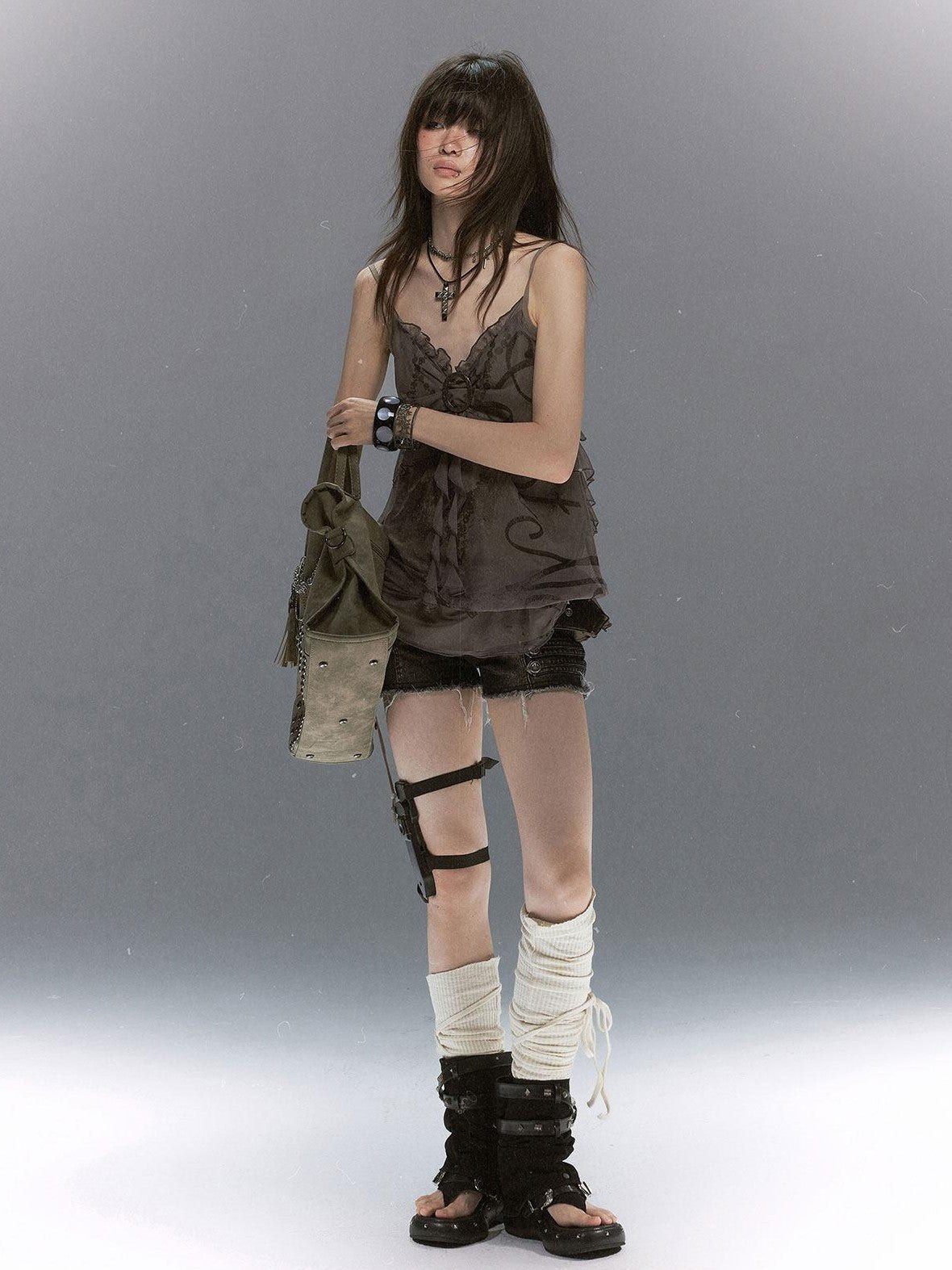 Cest Nous Mottled Bubble Chain Graffiti Print Drawstring Ruffle Women&