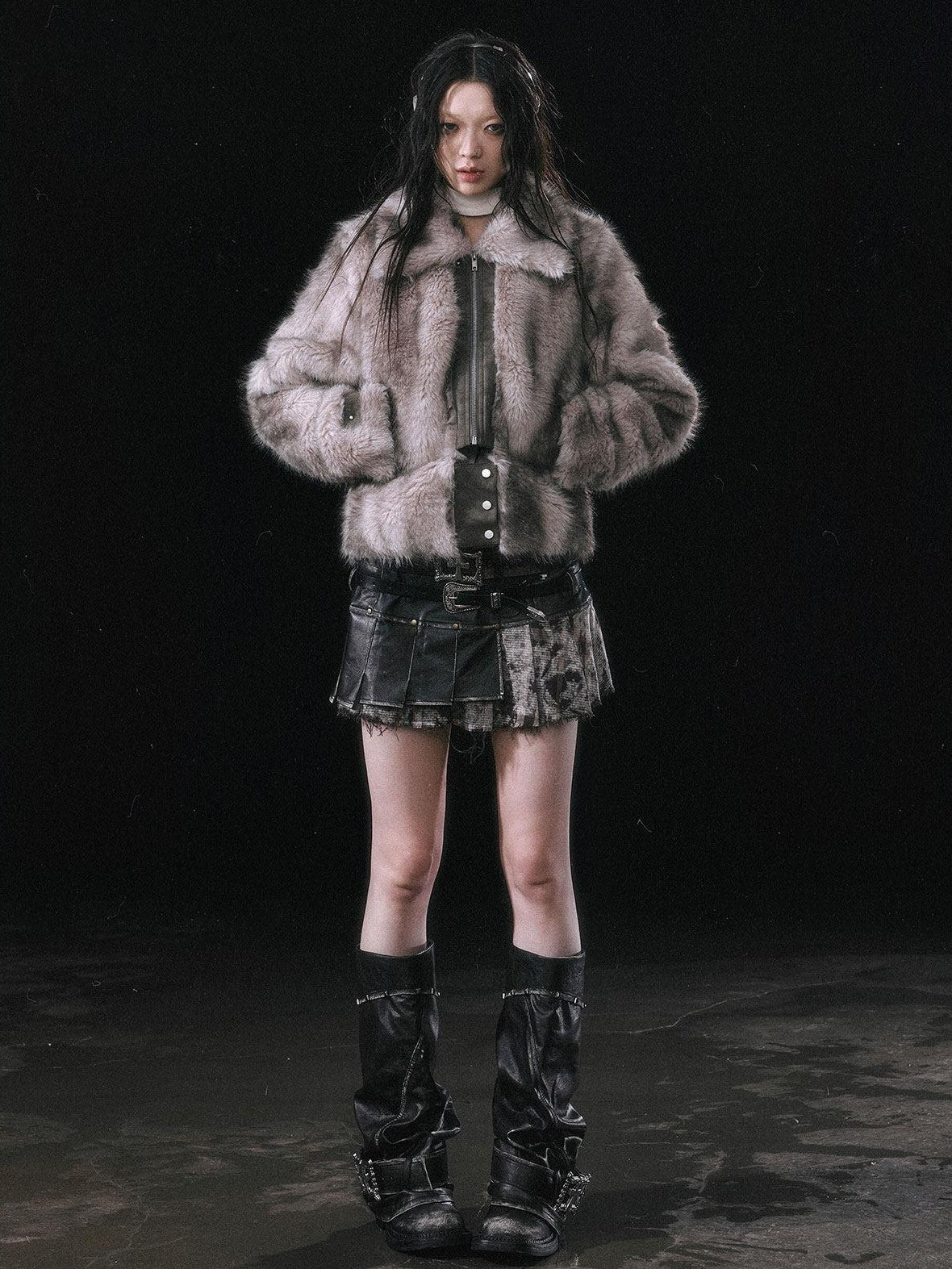 Cest Nous Ombre Leather Patch Fur Collar Detachable Hem Women&