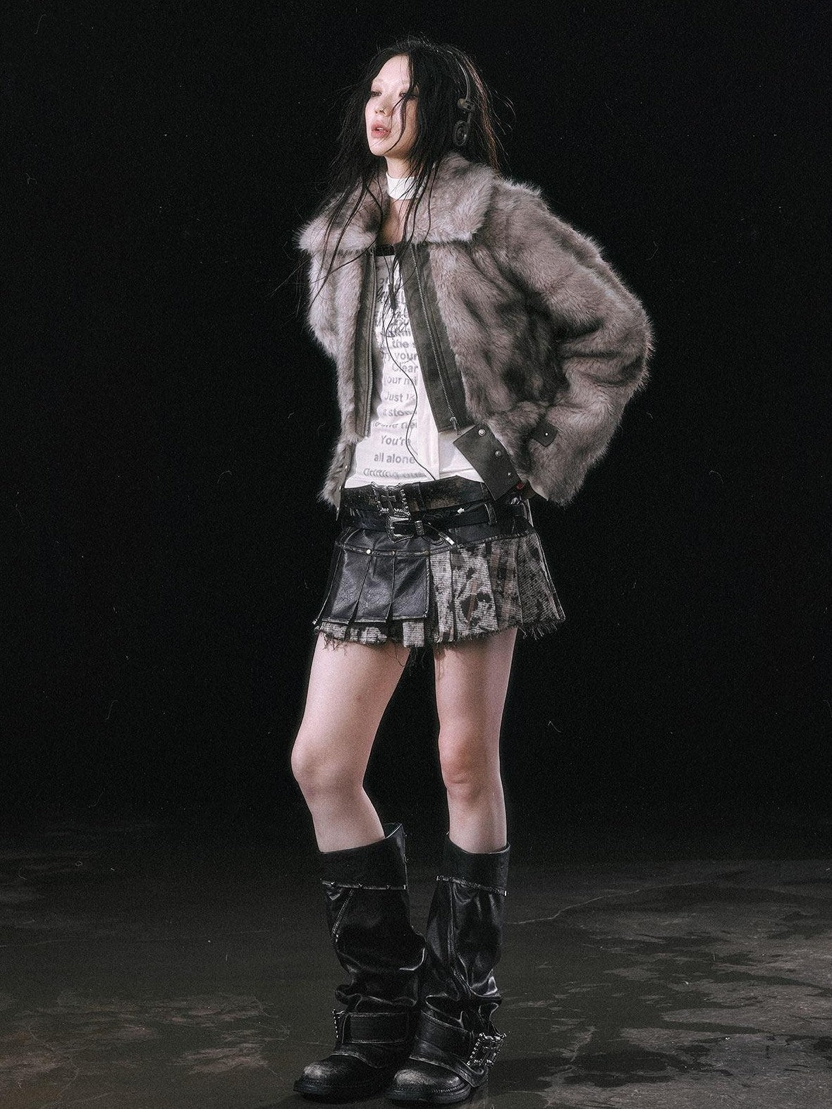 Cest Nous Ombre Leather Patch Fur Collar Detachable Hem Women&