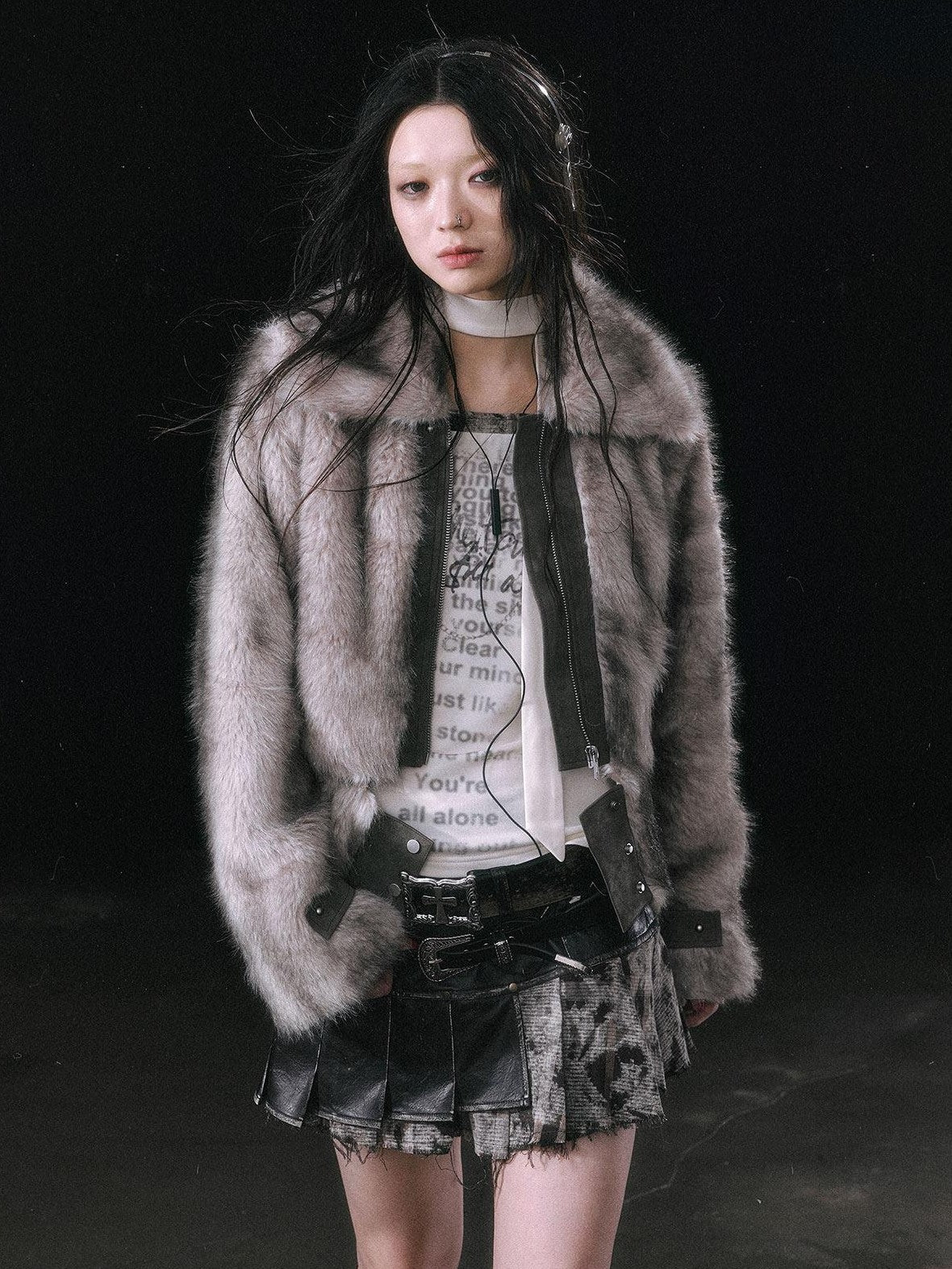 Cest Nous Ombre Leather Patch Fur Collar Detachable Hem Women&