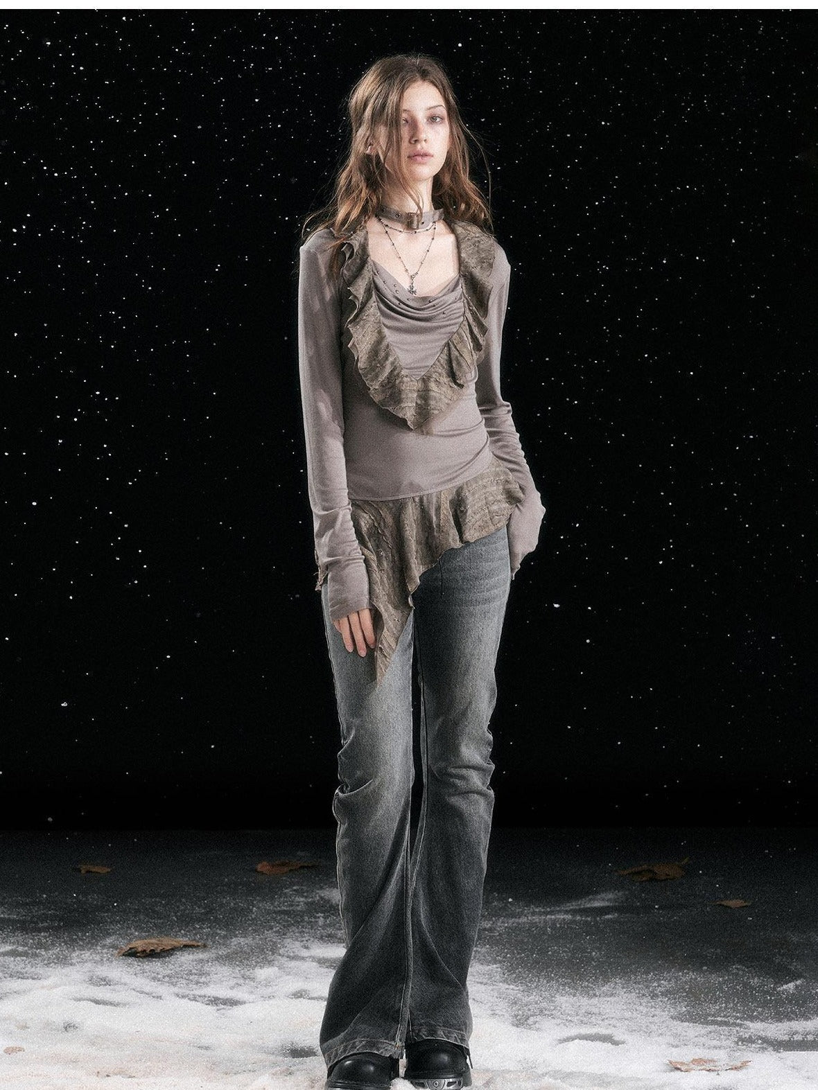 Cest Nous Patchwork Vintage Natural Waist Women Washed Black Cotton Jeans