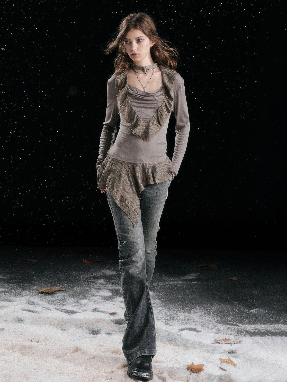 Cest Nous Patchwork Vintage Natural Waist Women Washed Black Cotton Jeans