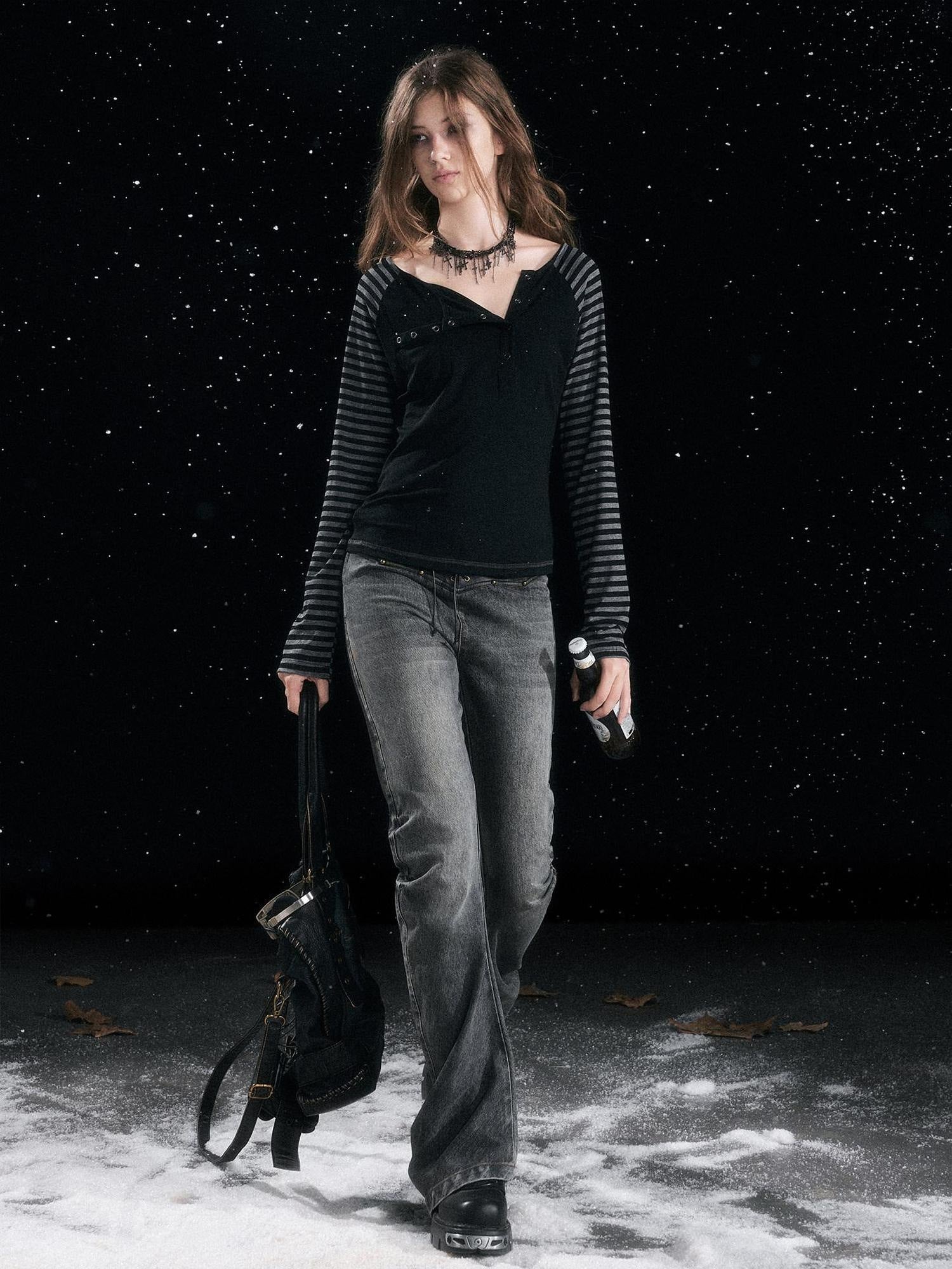 Cest Nous Patchwork Vintage Natural Waist Women Washed Black Cotton Jeans