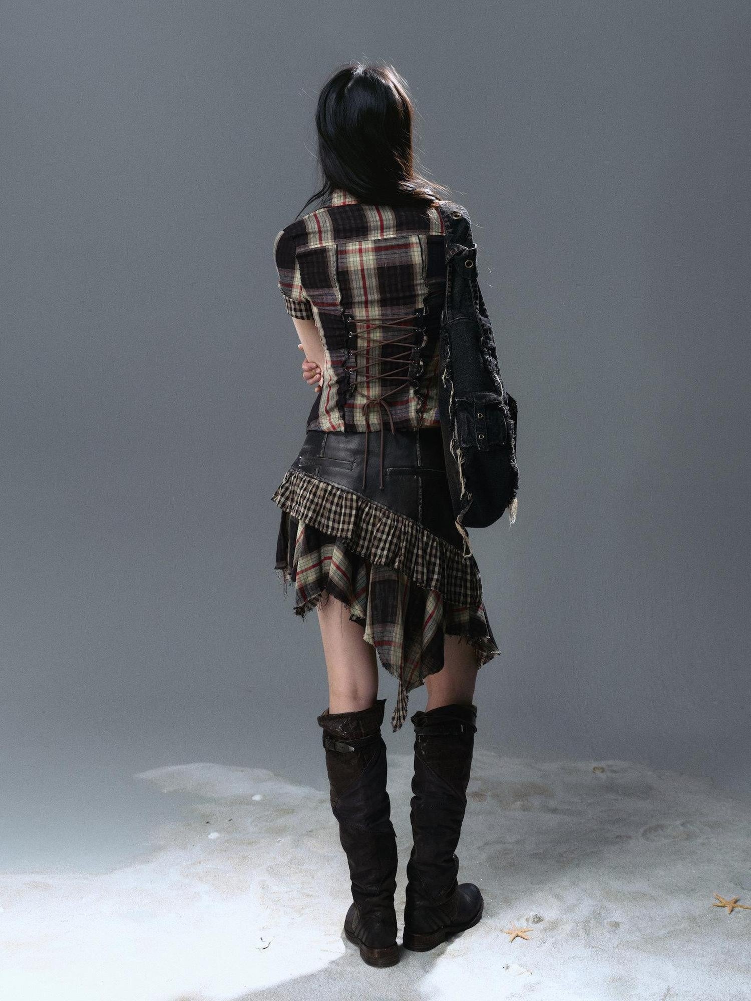 Cest Nous Plaid Distressed Patchwork Irregular Hem Women&