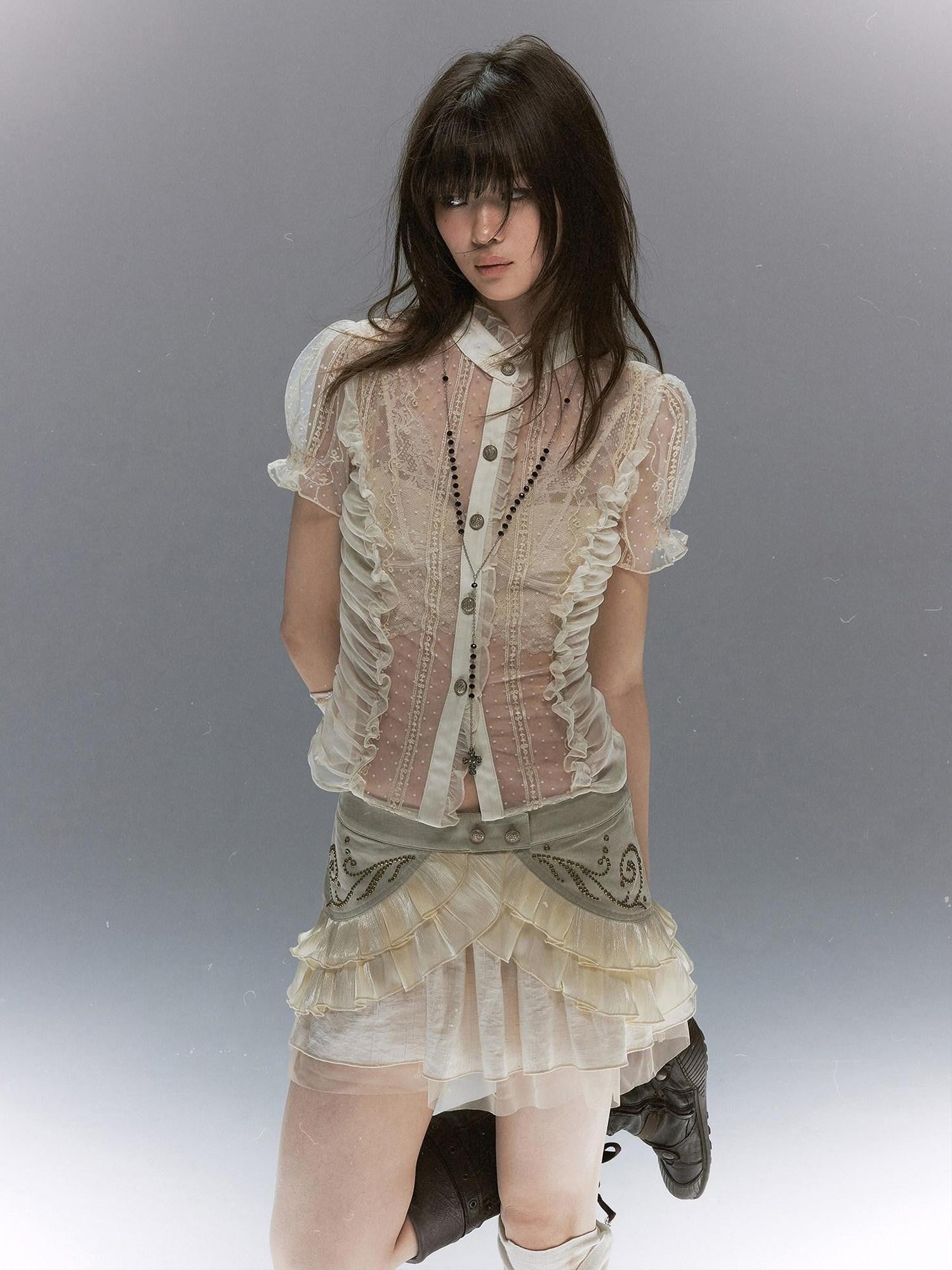 Cest Nous Polka Dot Embroidered Ruched Puff Sleeve Collar Women&