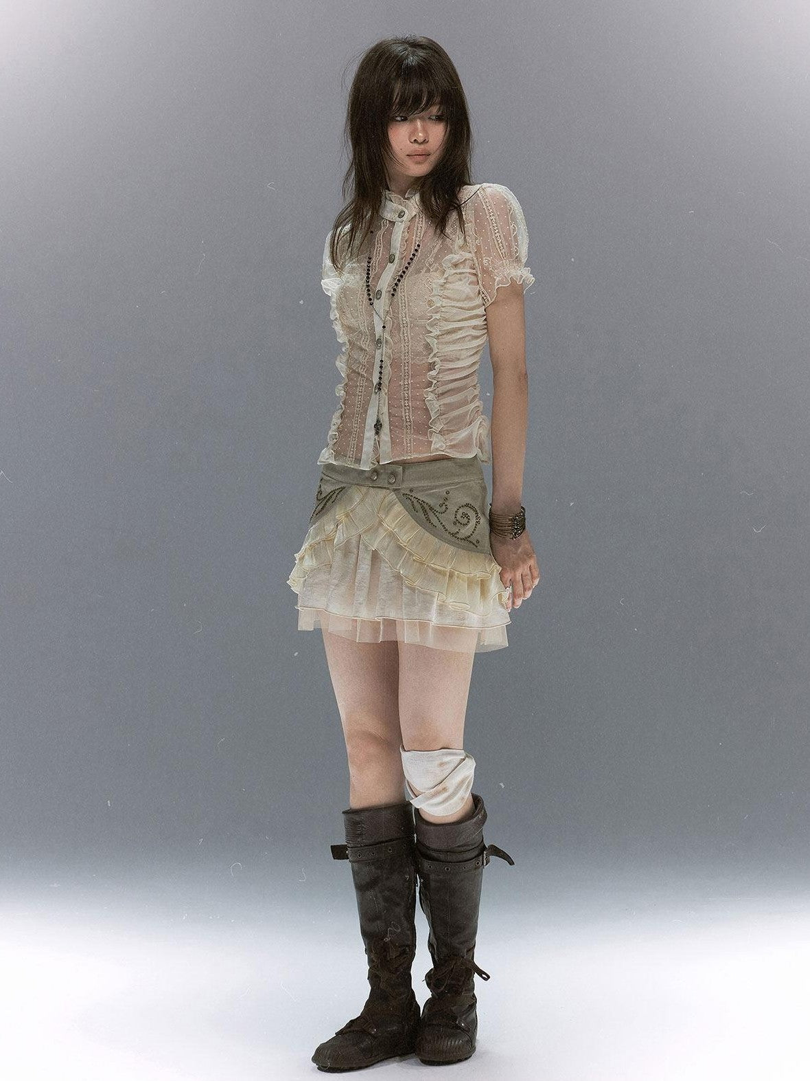 Cest Nous Polka Dot Embroidered Ruched Puff Sleeve Collar Women&