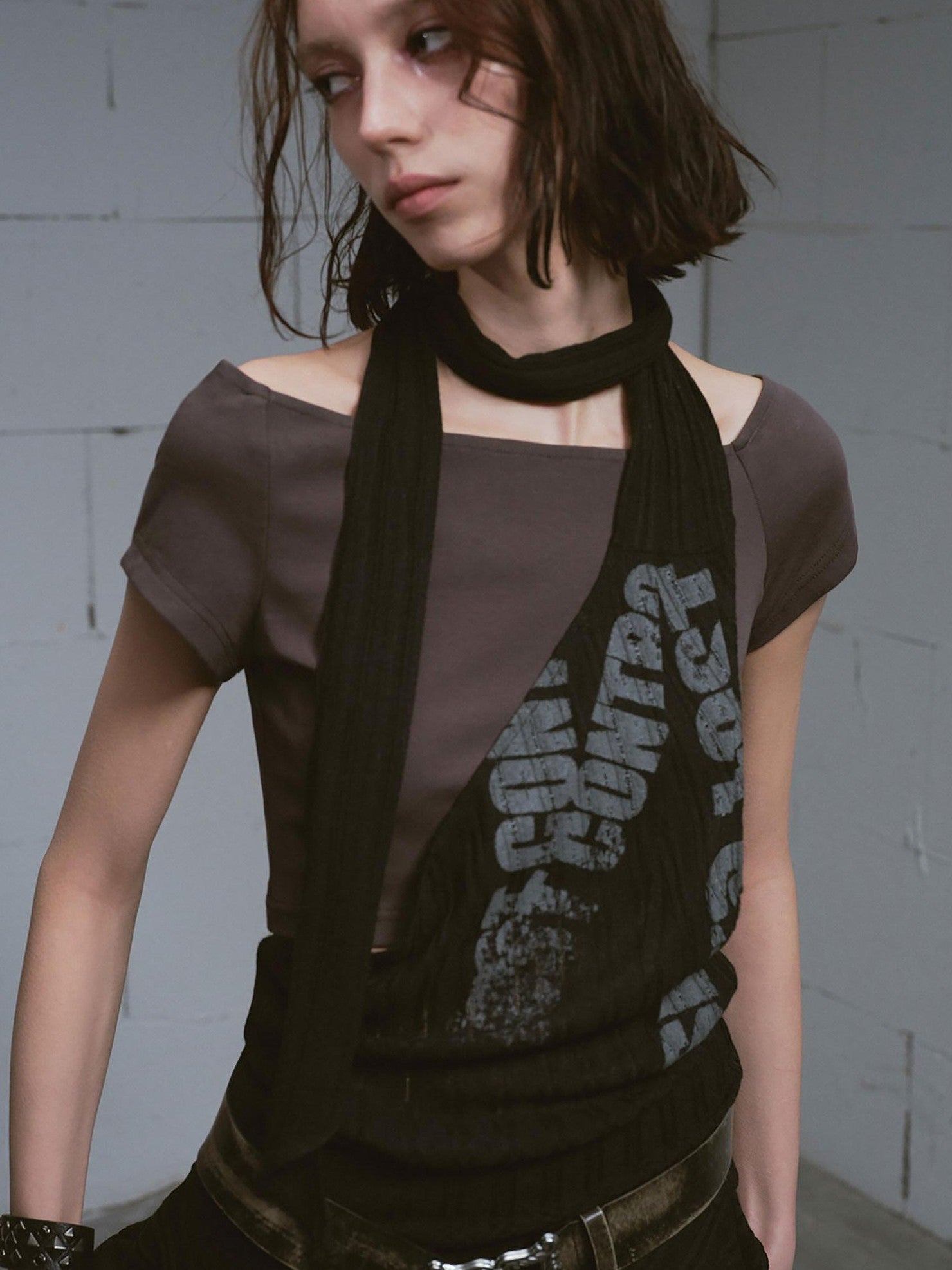 Cest Nous Printed Halter Scarf Layered Cinched Waist Women&