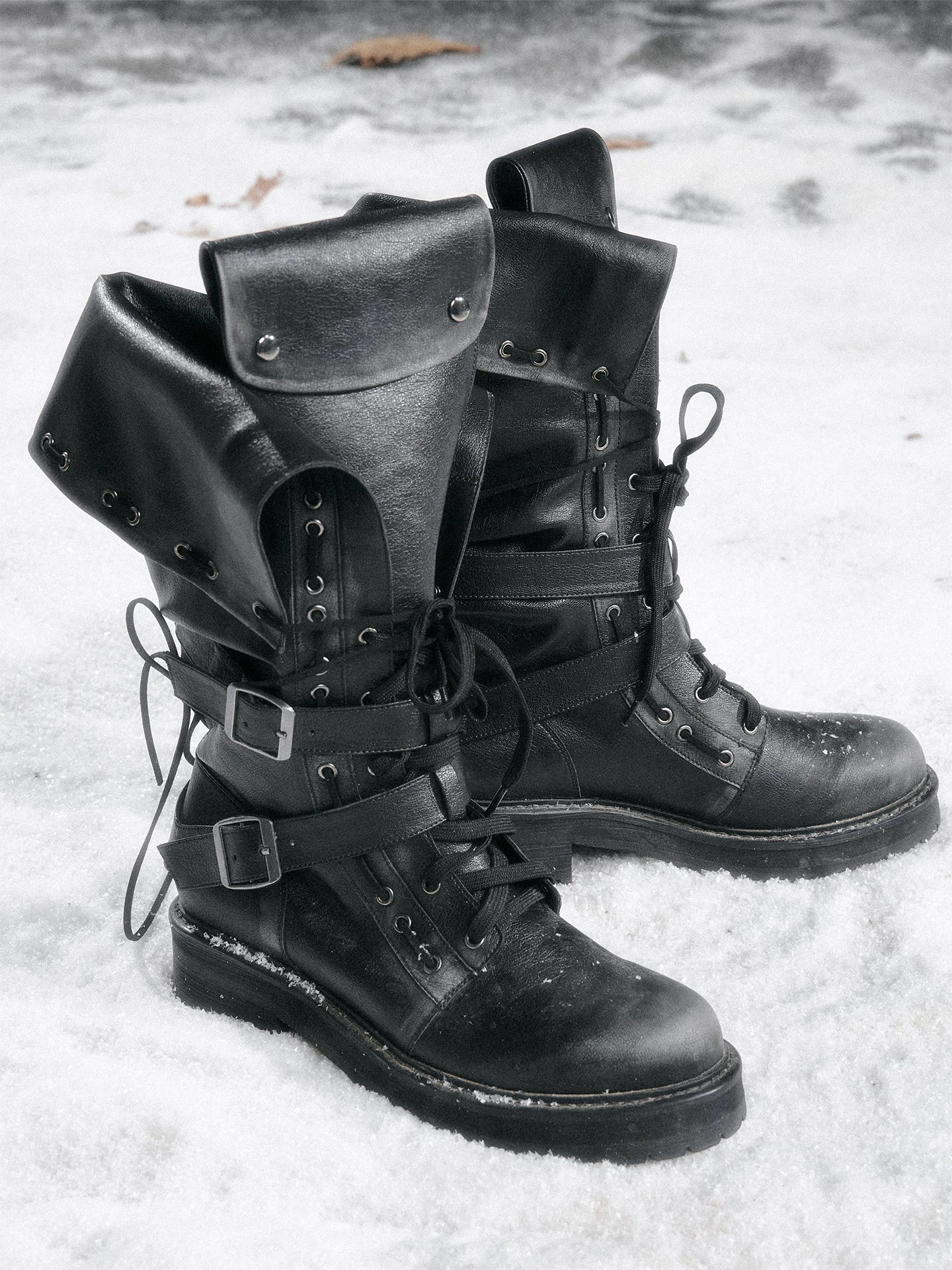 Cest Nous Pu Leather Buckle Mid Calf Casual Black Riding Youth Low Heel Boots-1