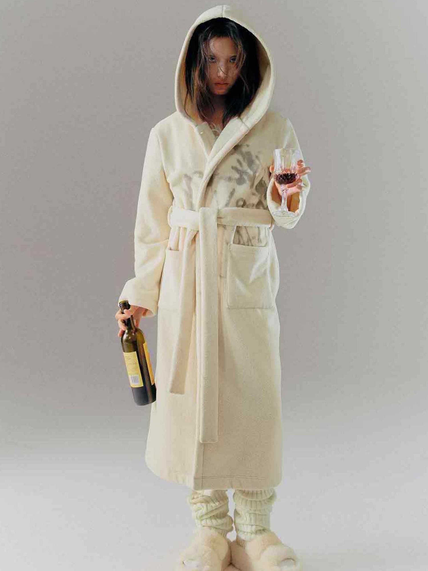 Cest Nous Punk Girl Doodle Print Fleece Hooded Bathrobe