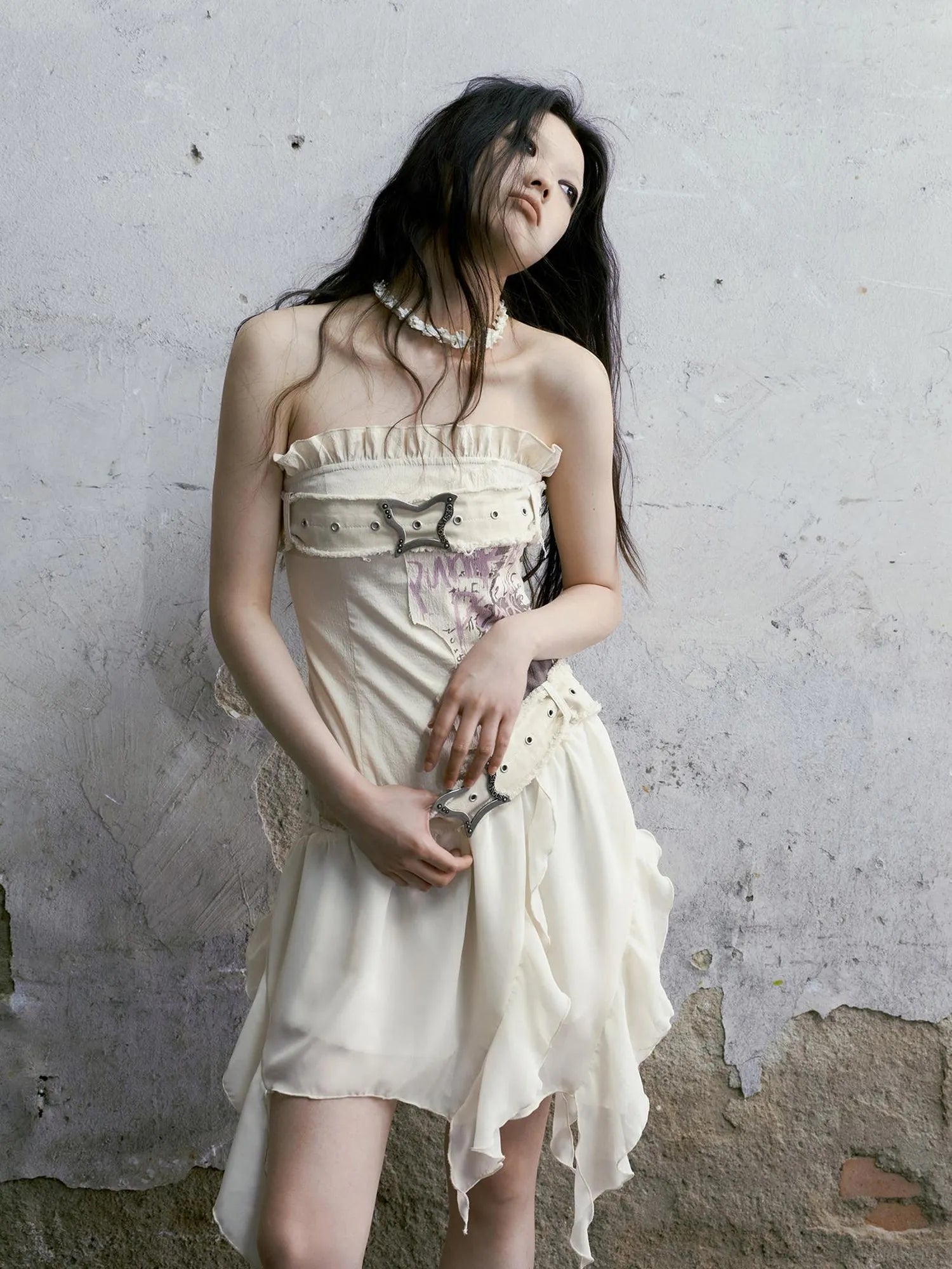 Punk Graffiti Bow Corset V-Neck T-Shirt Long-Sleeve Mini Dress