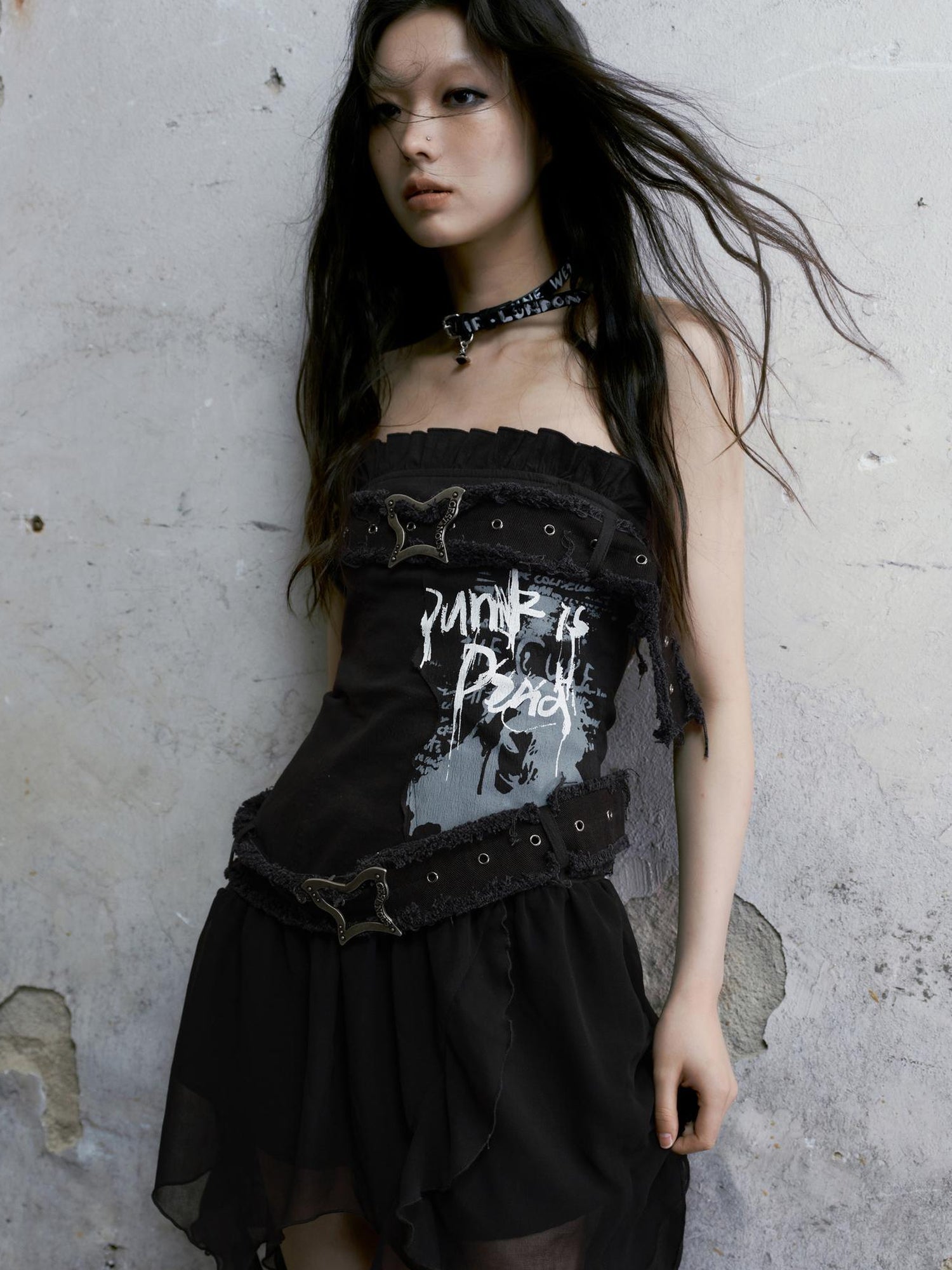 Cest Nous Punk Graffiti Bow Corset V-Neck T-Shirt Long-Sleeve Mini Dress