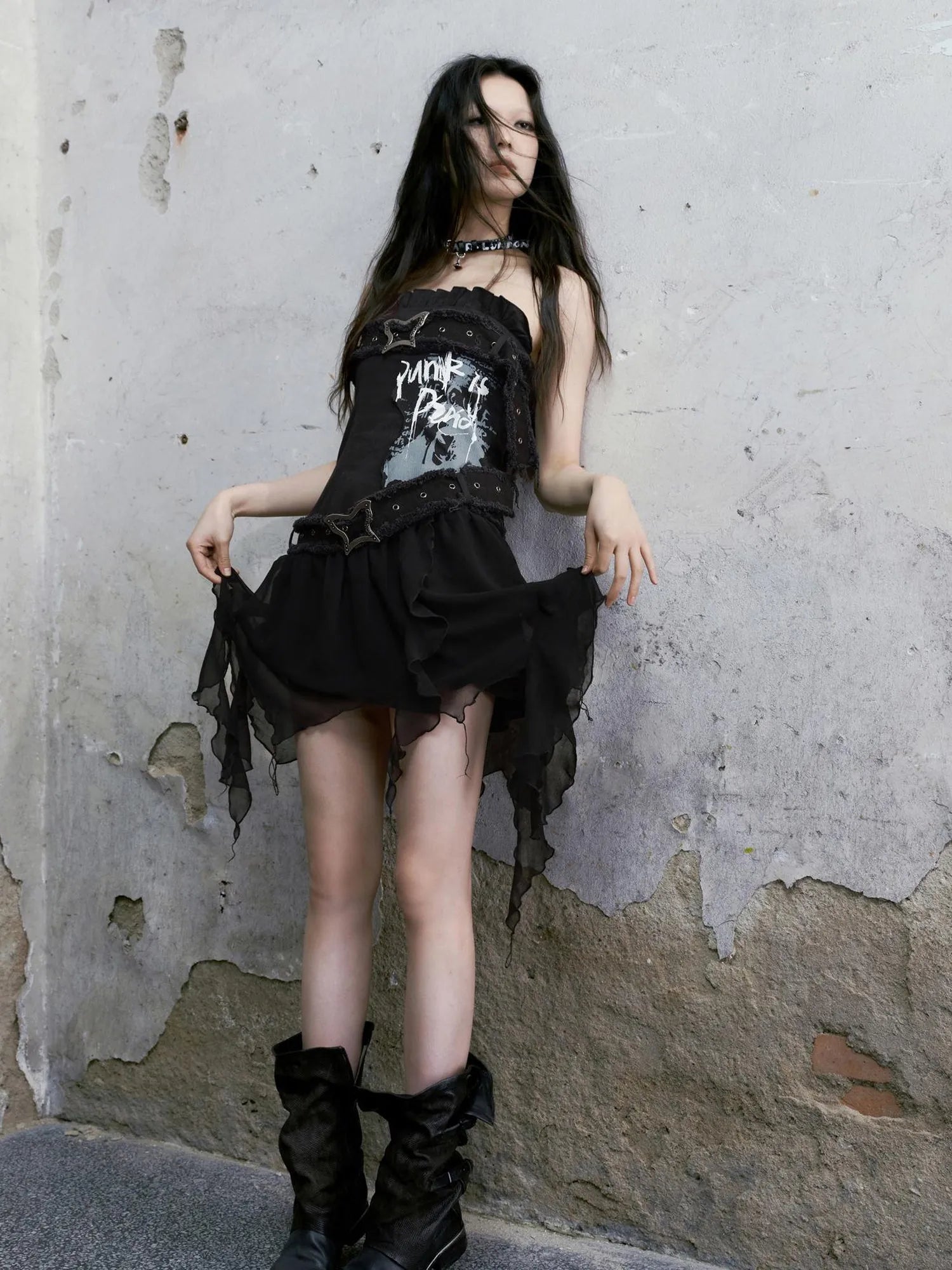 Punk Graffiti Bow Corset V-Neck T-Shirt Long-Sleeve Mini Dress