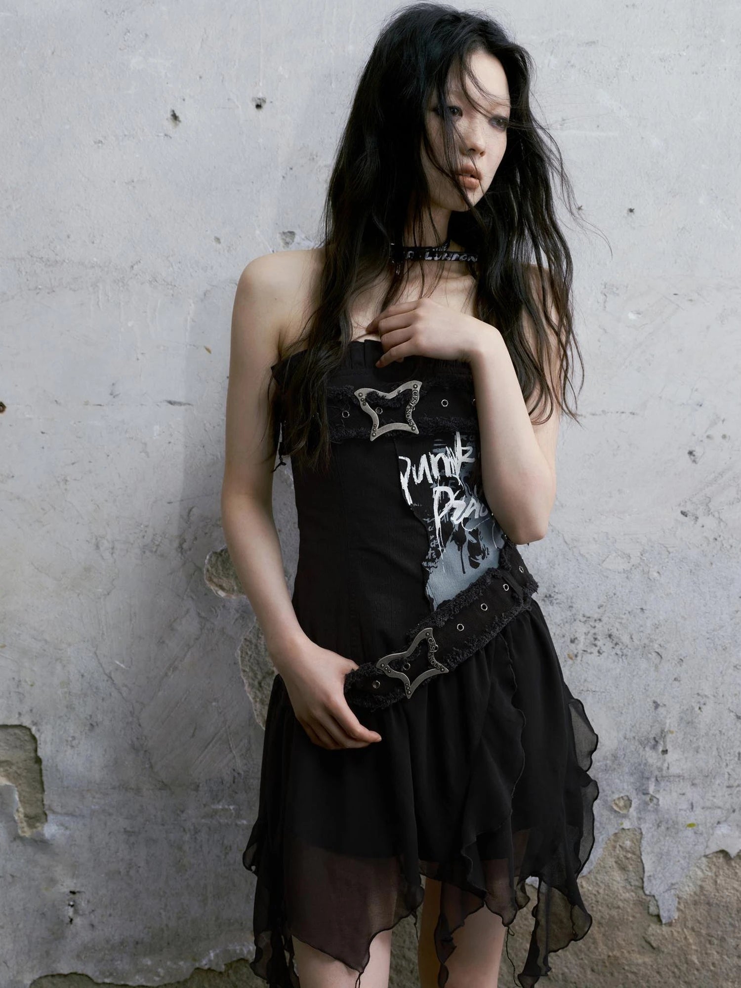 Punk Graffiti Bow Corset V-Neck T-Shirt Long-Sleeve Mini Dress