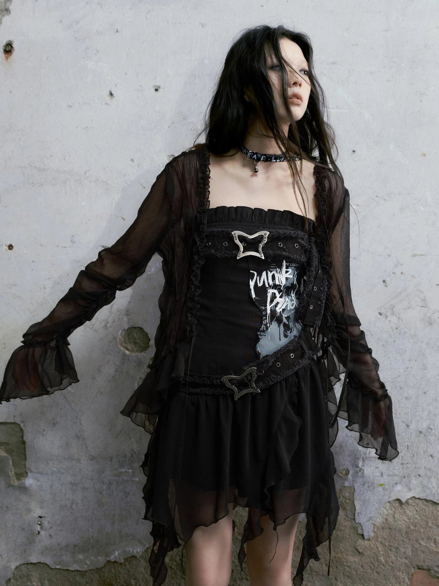 Punk Graffiti Bow Corset V-Neck T-Shirt Long-Sleeve Mini Dress