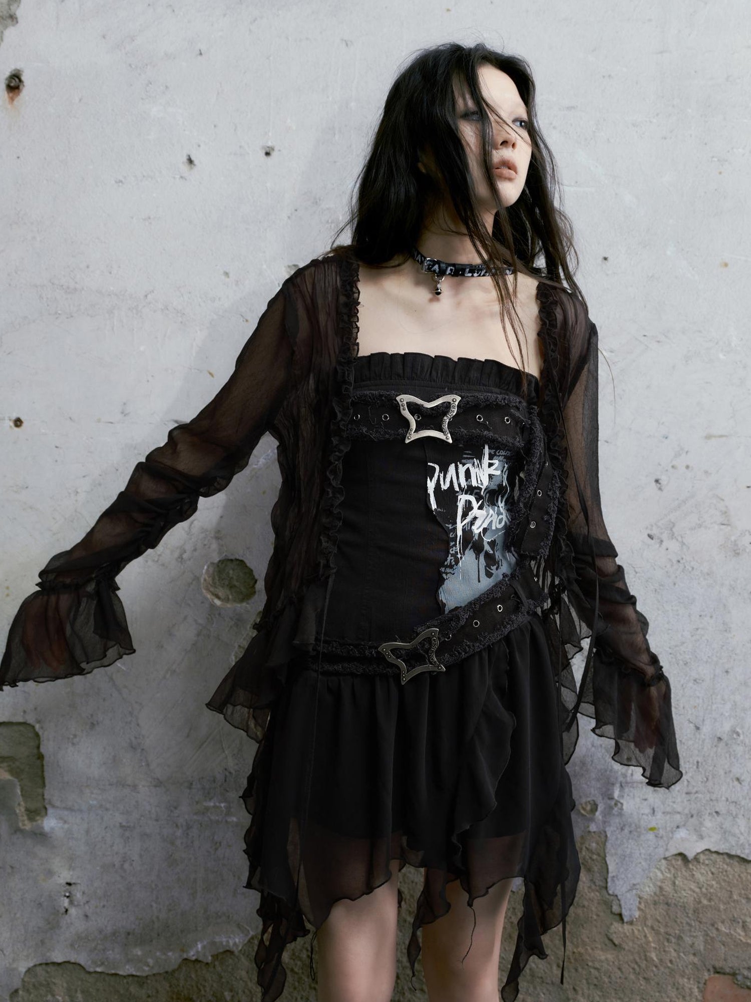 Cest Nous Punk Graffiti Bow Corset V-Neck T-Shirt Long-Sleeve Mini Dress