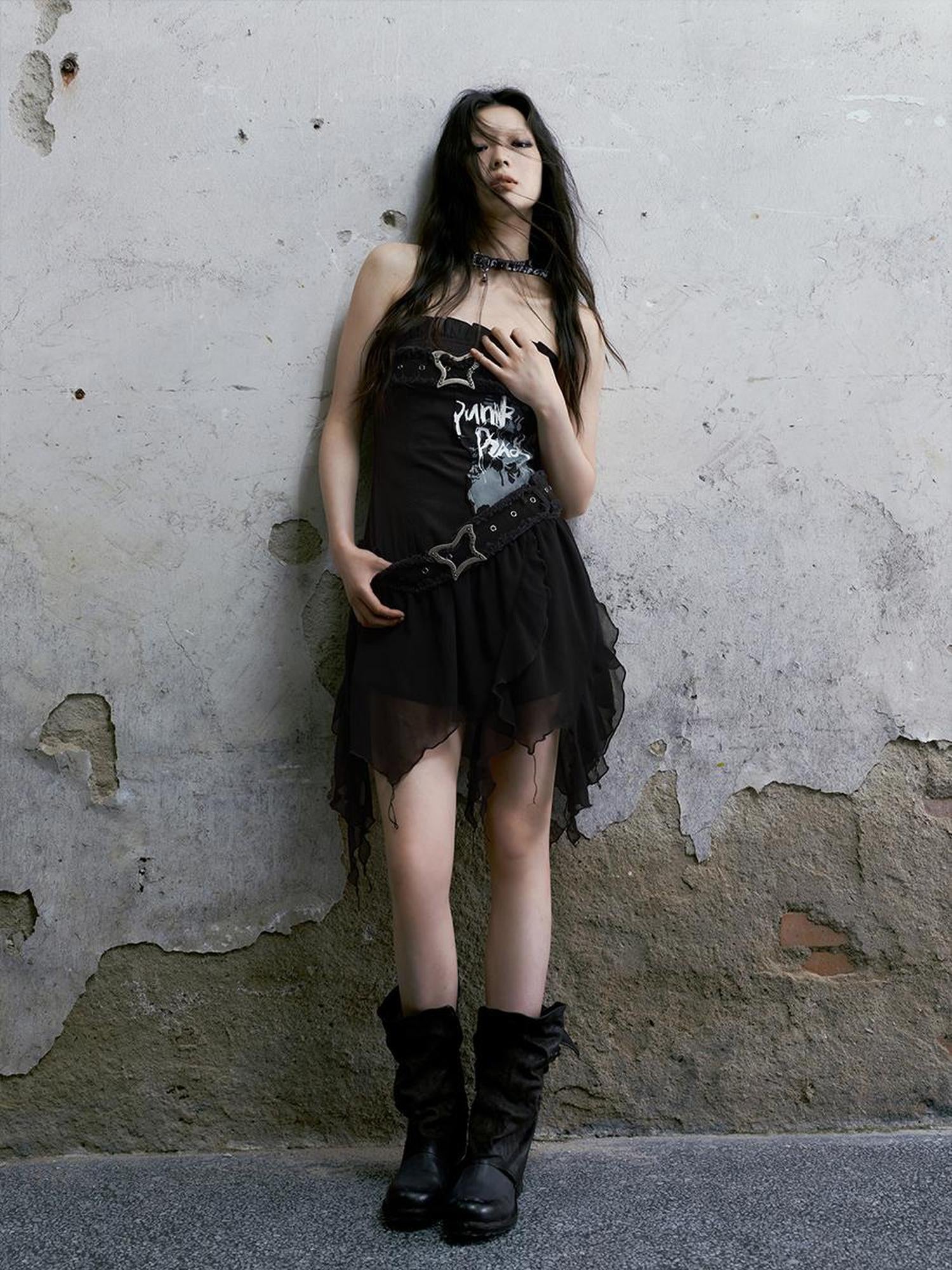 Cest Nous Punk Graffiti Bow Corset V-Neck T-Shirt Long-Sleeve Mini Dress