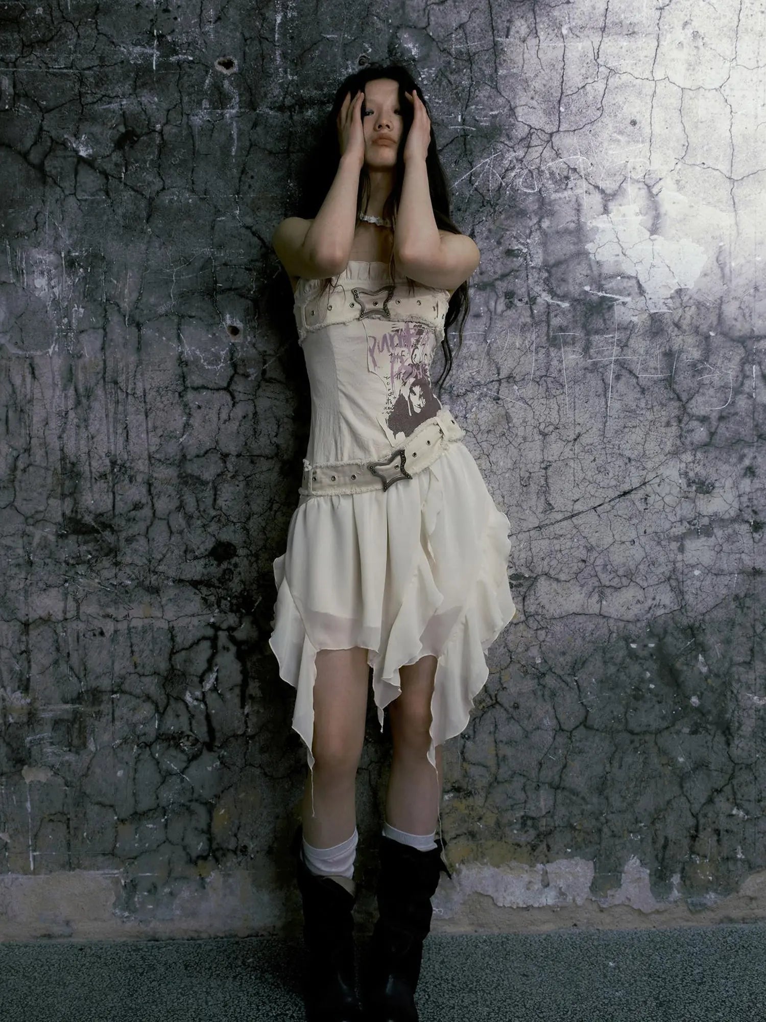 Punk Graffiti Bow Corset V-Neck T-Shirt Long-Sleeve Mini Dress