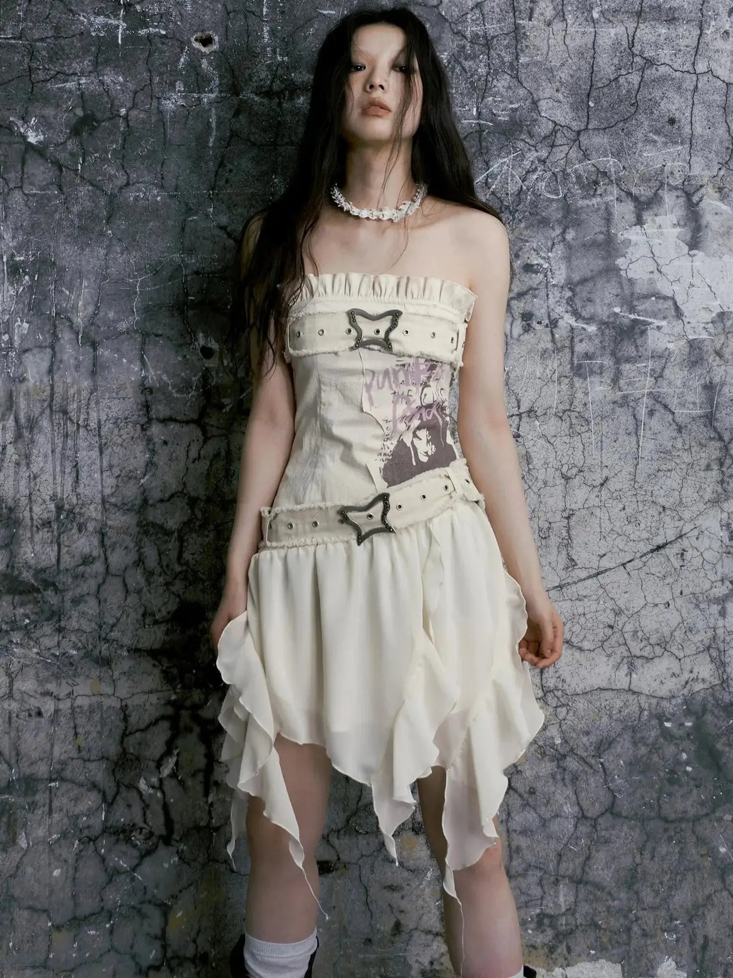 Punk Graffiti Bow Corset V-Neck T-Shirt Long-Sleeve Mini Dress