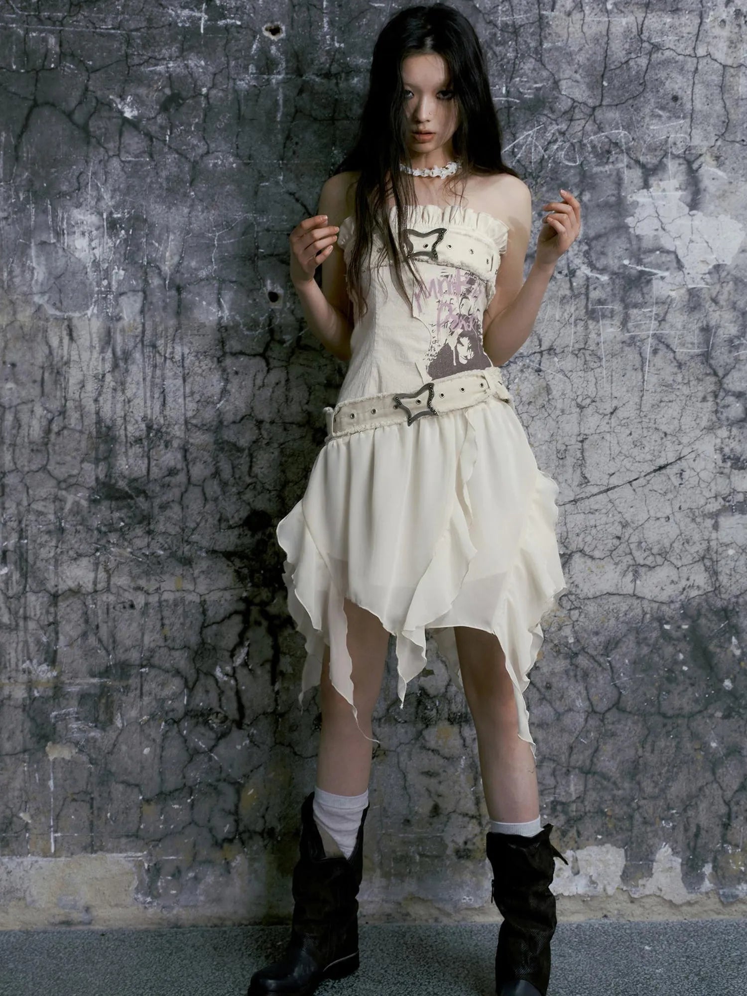 Punk Graffiti Bow Corset V-Neck T-Shirt Long-Sleeve Mini Dress