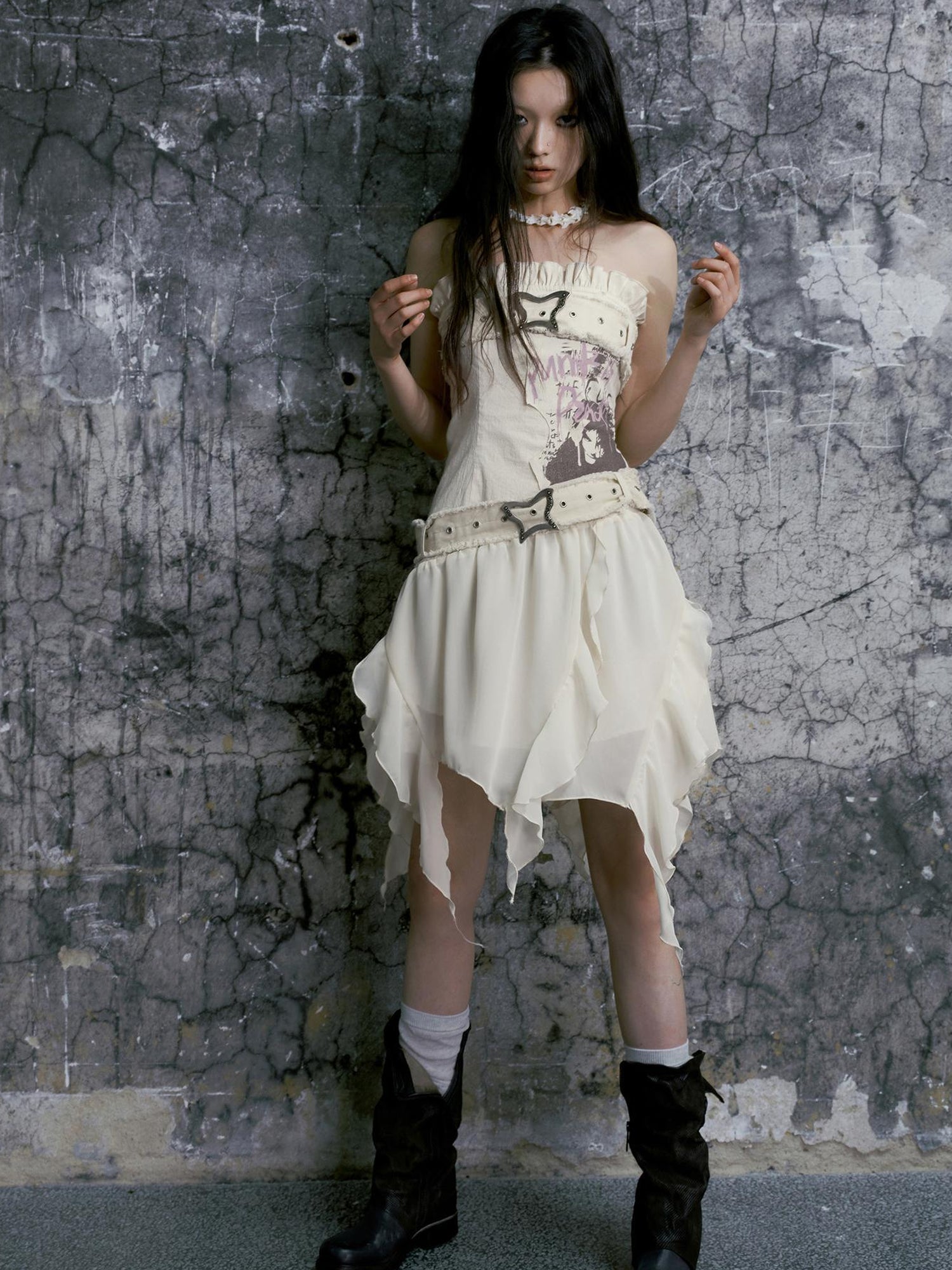 Cest Nous Punk Graffiti Bow Corset V-Neck T-Shirt Long-Sleeve Mini Dress