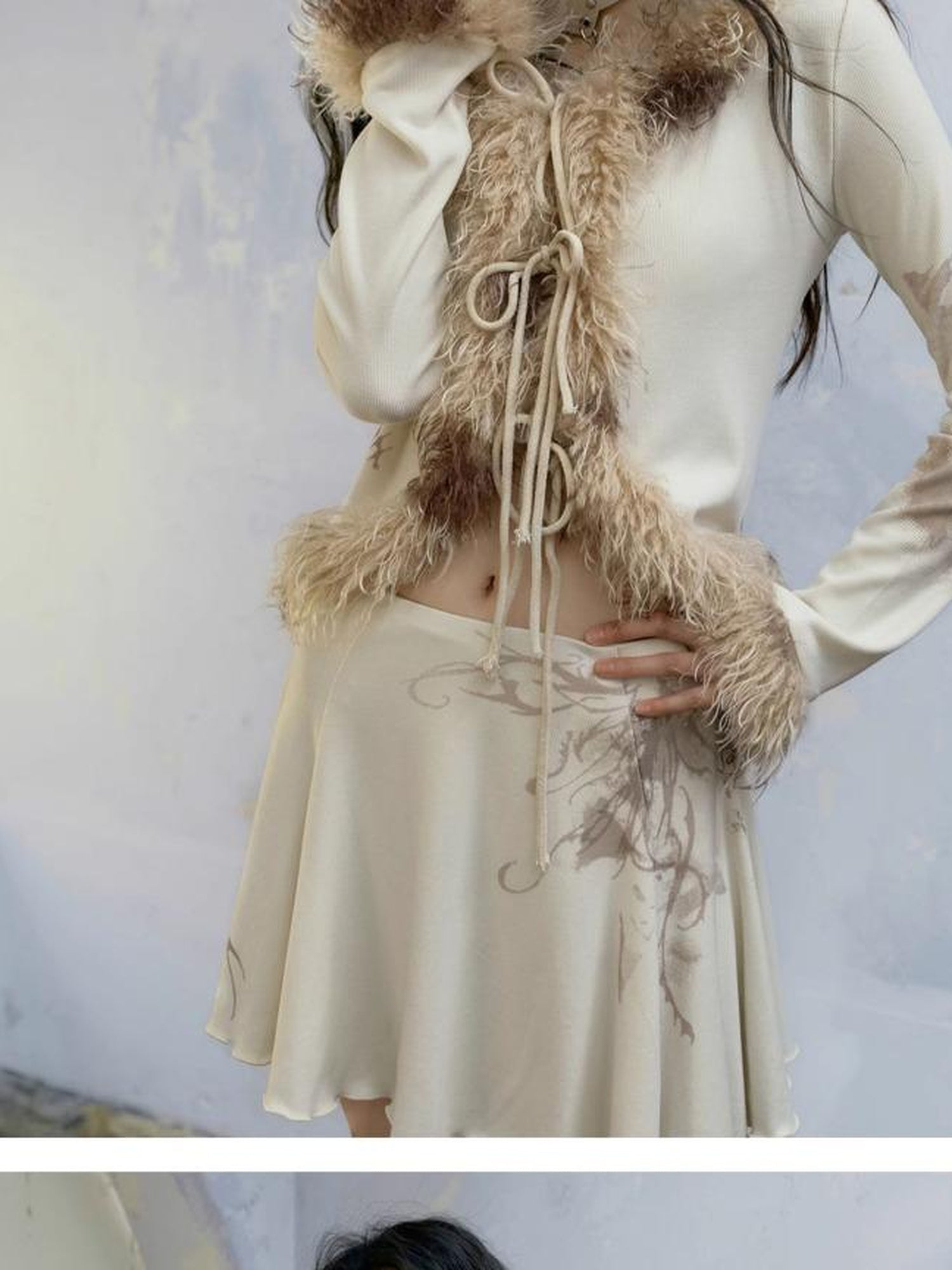 Cest Nous Punk Poetry Abstract Print Fur Trimmed Cardigan Set