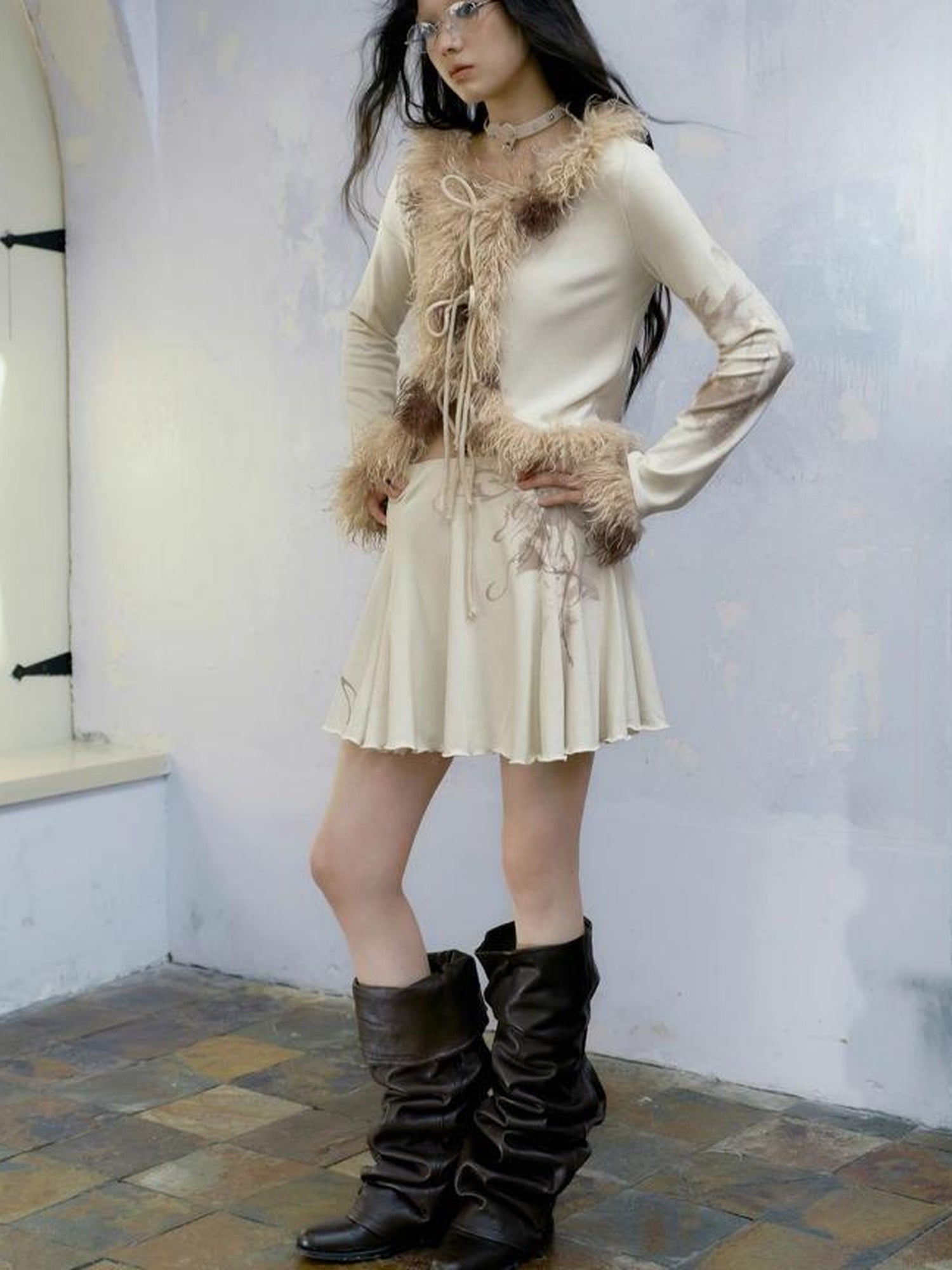 Cest Nous Punk Poetry Abstract Print Fur Trimmed Cardigan Set