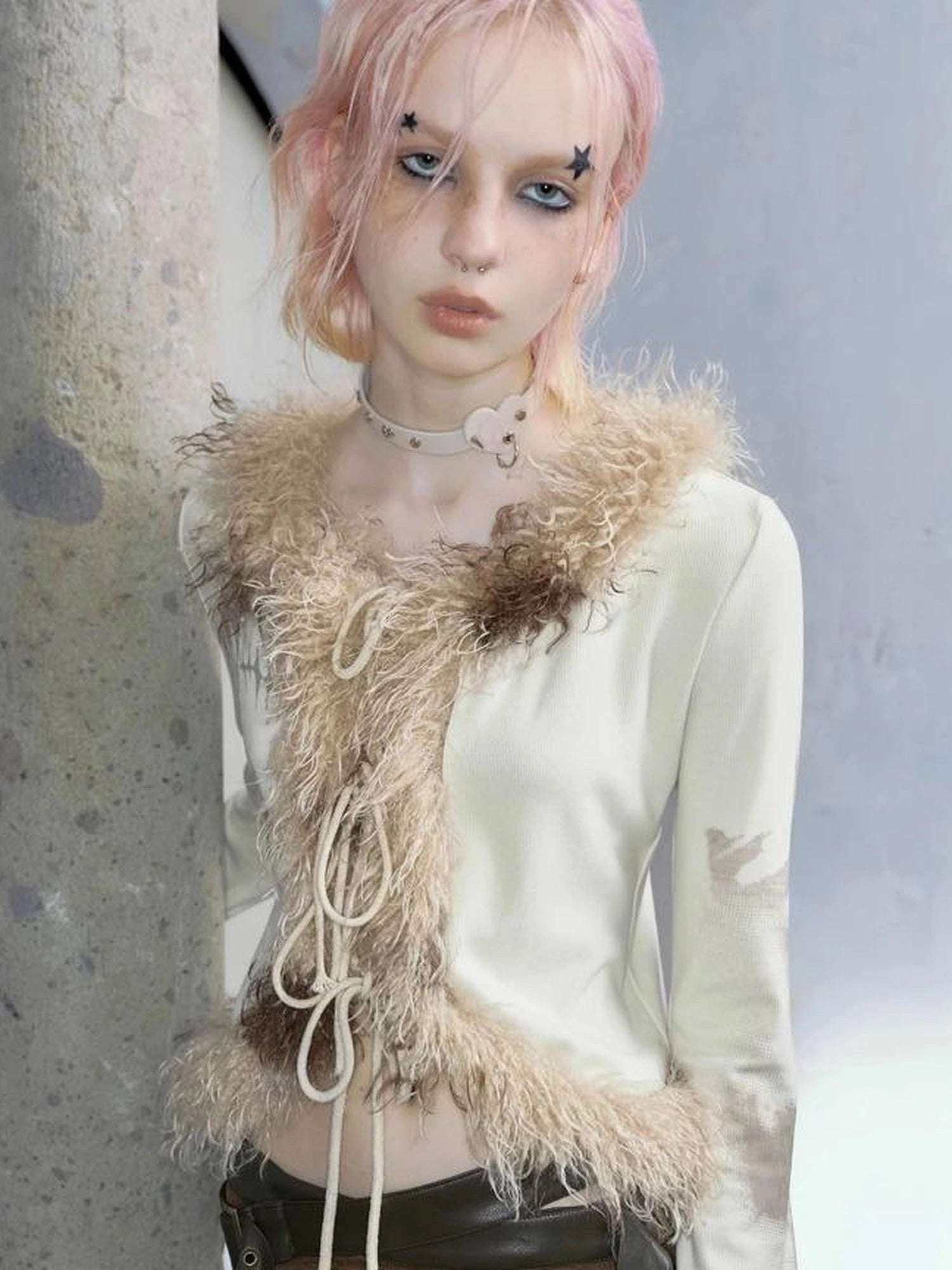 Punk Poetry Abstract Print Fur Trimmed Cardigan Set