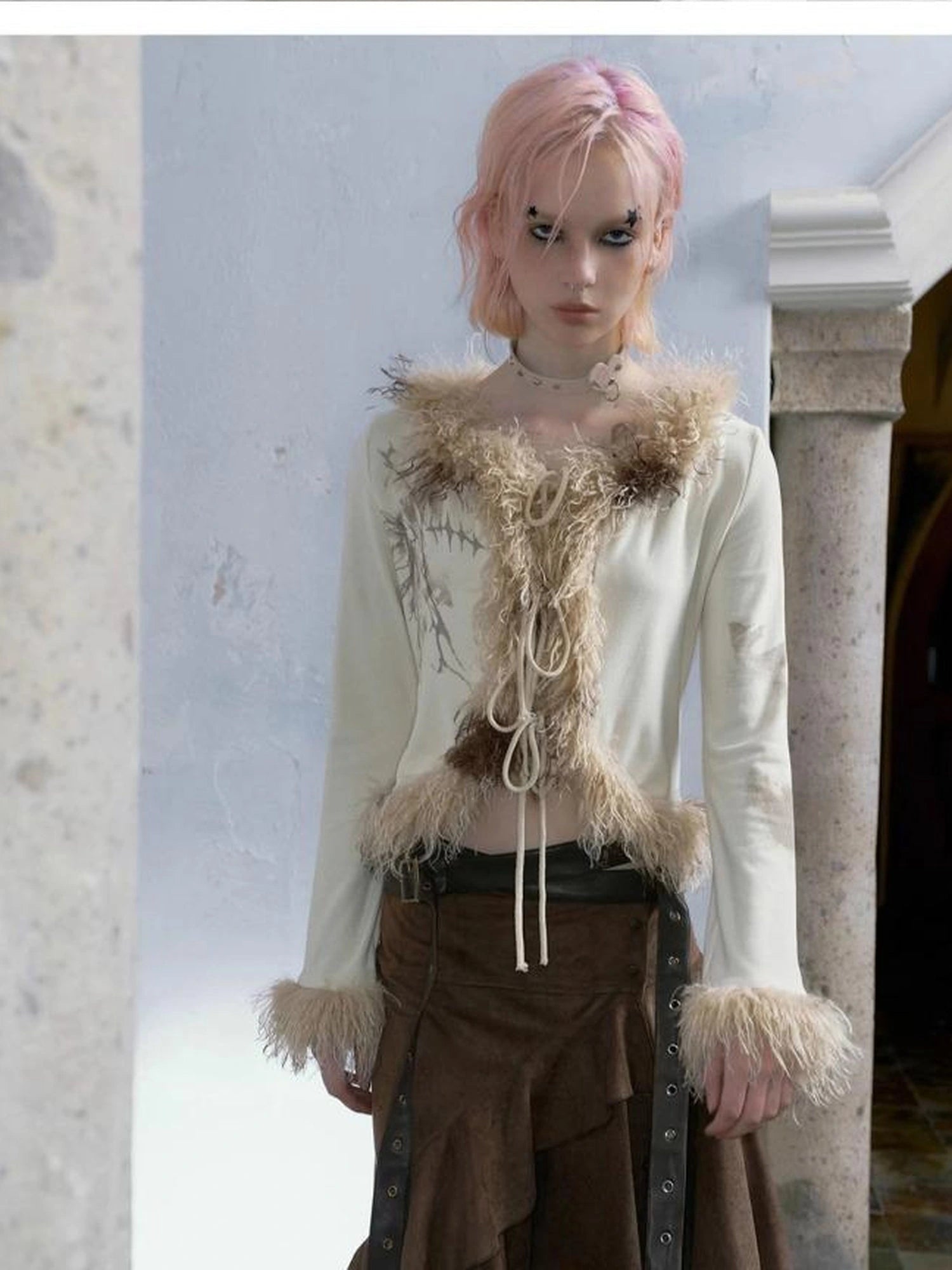 Punk Poetry Abstract Print Fur Trimmed Cardigan Set