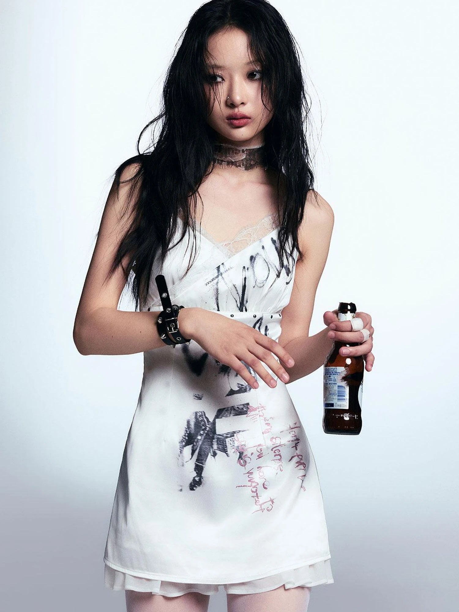 Punk Print Satin Slip Dress With Lace Trim